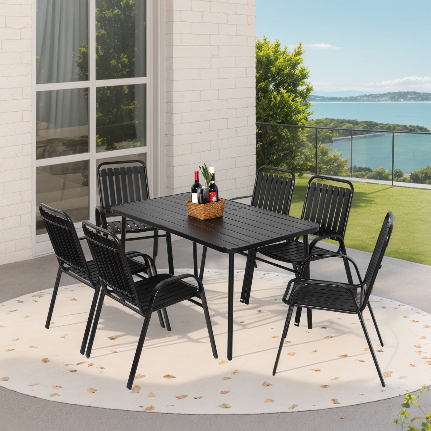Rbied Patio dining set 7 -Piece Black Patio Dining Set Steel Rectangle Table with 6 Stationary Chairs