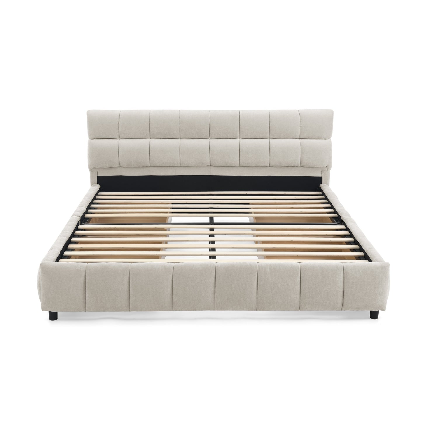 Bybafun Queen Beige Wood Tufted Bed Frame Storage with Headboard