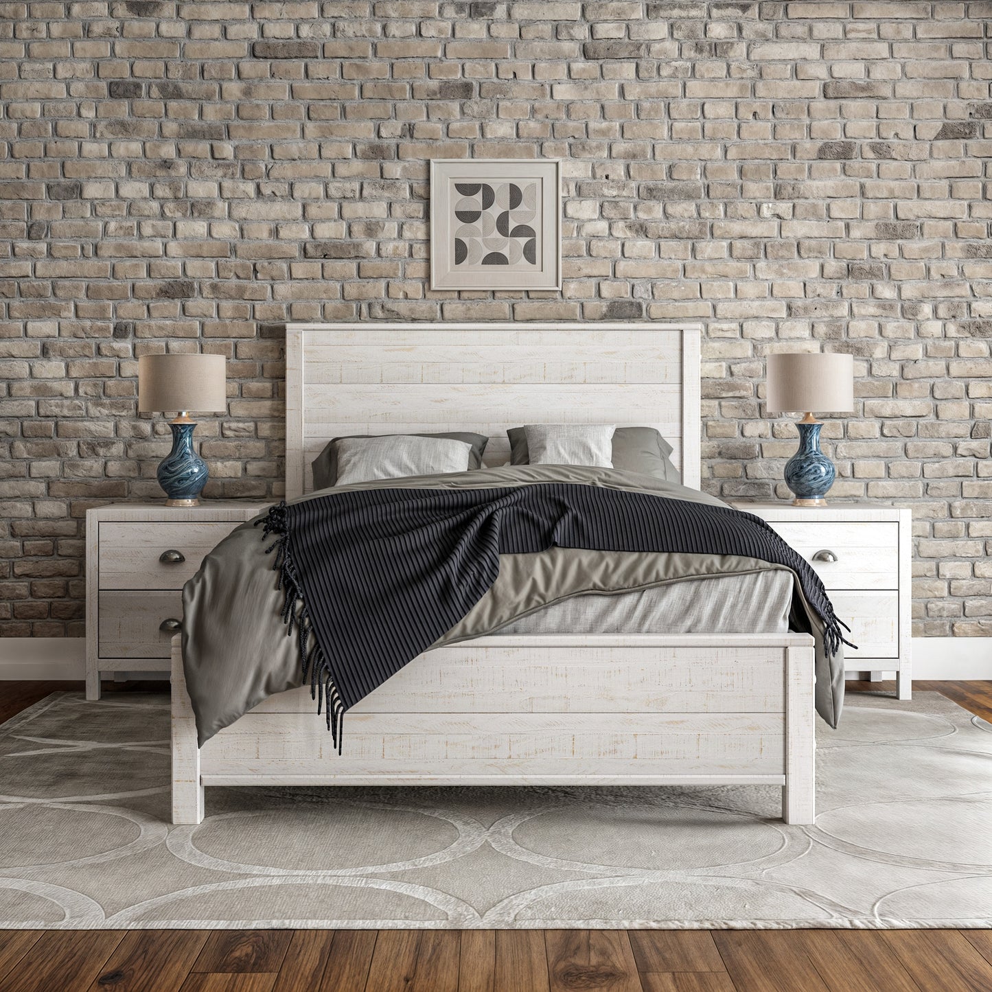 Camaflexi Full Shabby White Wood Panel Bed with Headboard