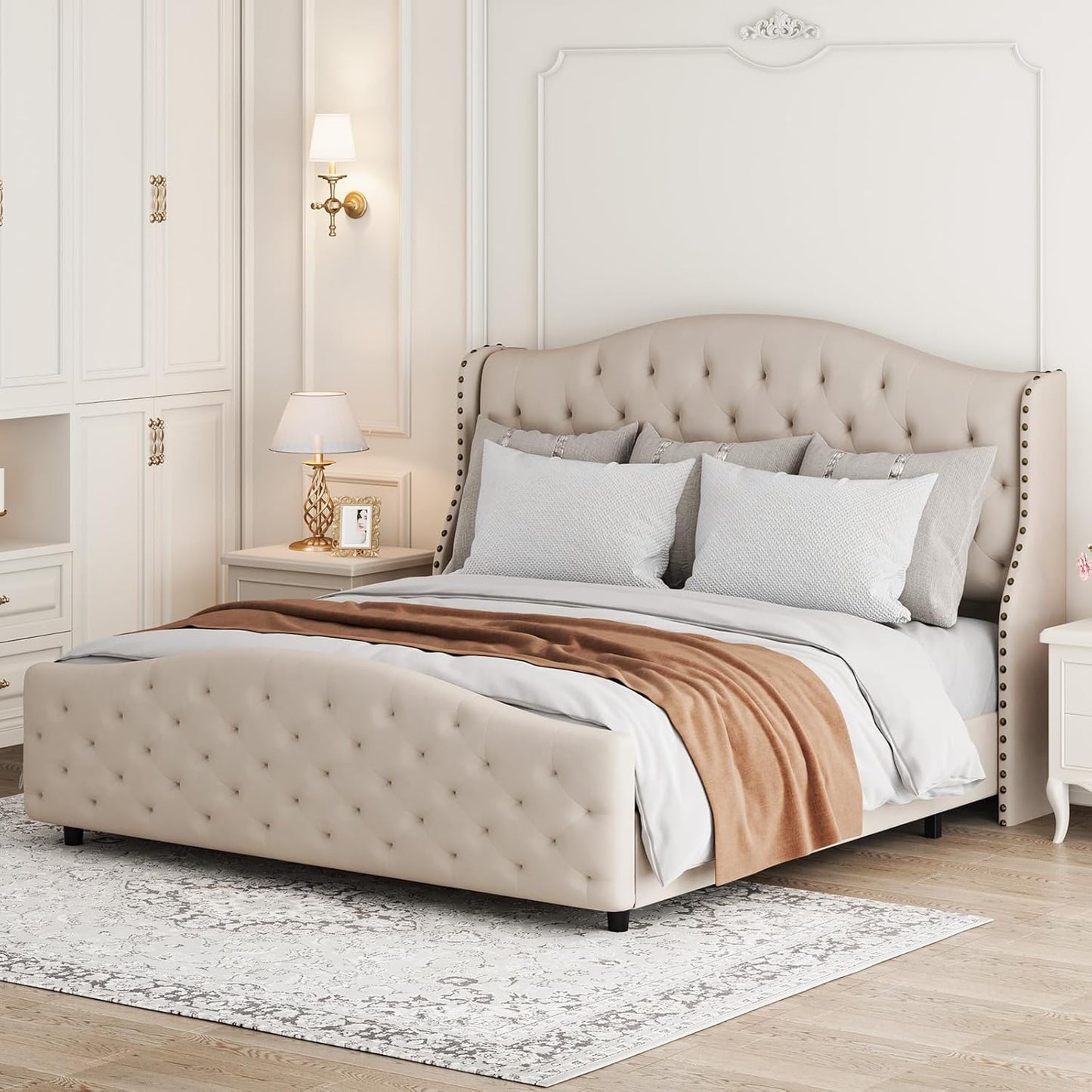 Der Rose Tufted Upholstered Platform Queen Bed Frame with Headboard and Footboard Velvet Platform Bed Raised Wing Back Headboard Beige