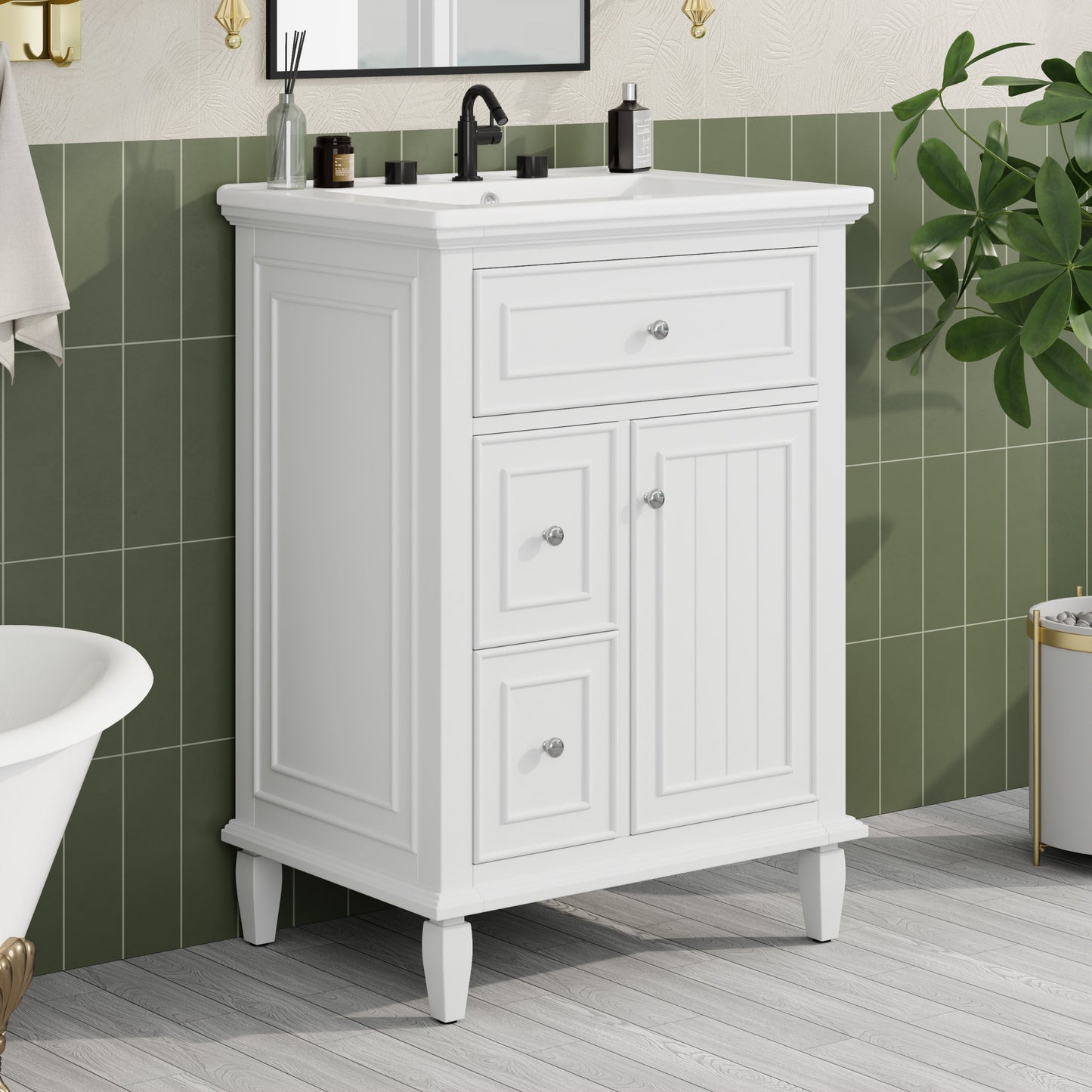 Hrinhom Unassembled 24-in White Undermount Single Sink Bathroom Vanity with White Ceramic Top