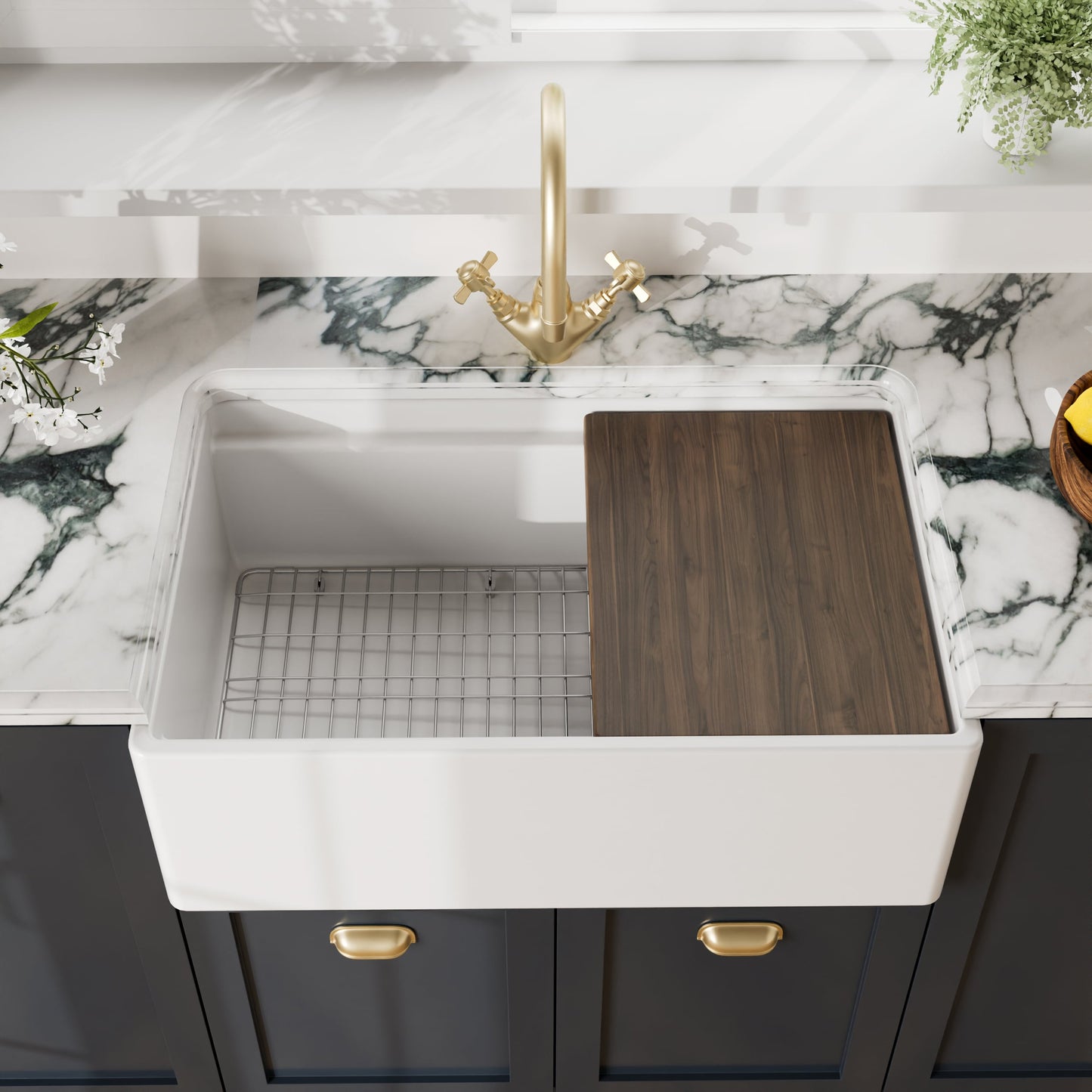 nuie White Kitchen Sink 30 inch Single Bowl Apron Front Farmhouse Sink with Ledge Grid and Cutting Board Ceramic Plain Ledge Design Kitchen Sinks Farmhouse Sinks for Kitchens 30x19x10 White