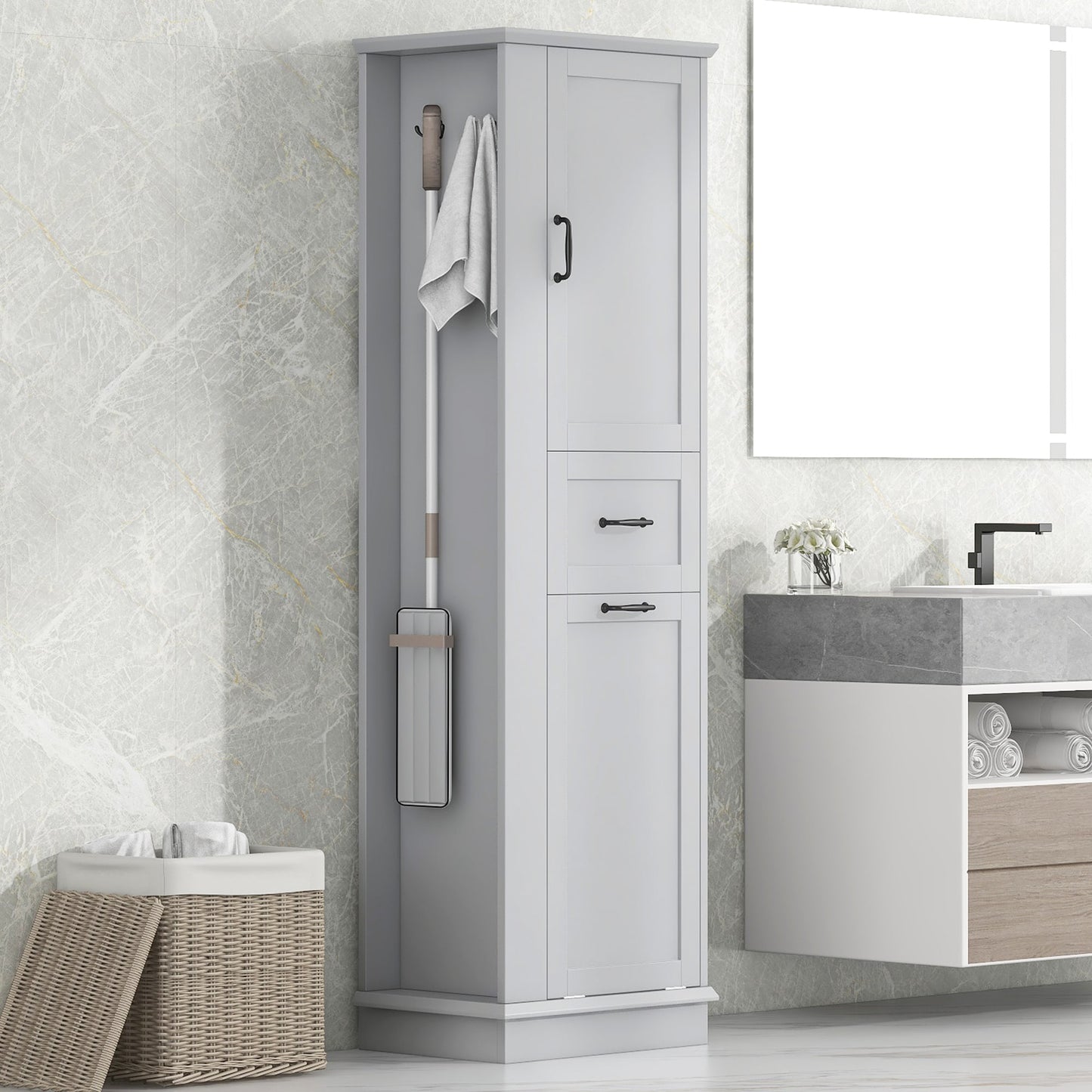 Hrinhom Unassembled 20.3-in x 67.8-in x 13.8-in Gray Freestanding Linen Cabinet