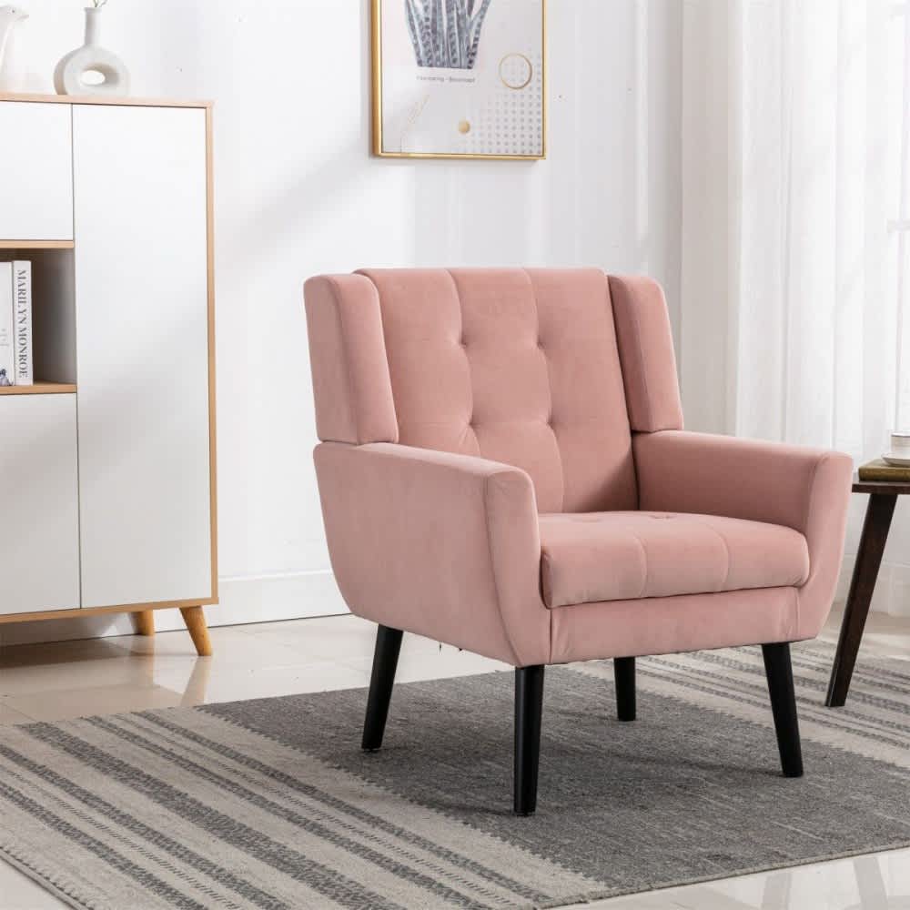 Coolbibila Modern Pink Velvet Upholstered Accent Chair with Curved Back and Black Metal Legs for Living Room