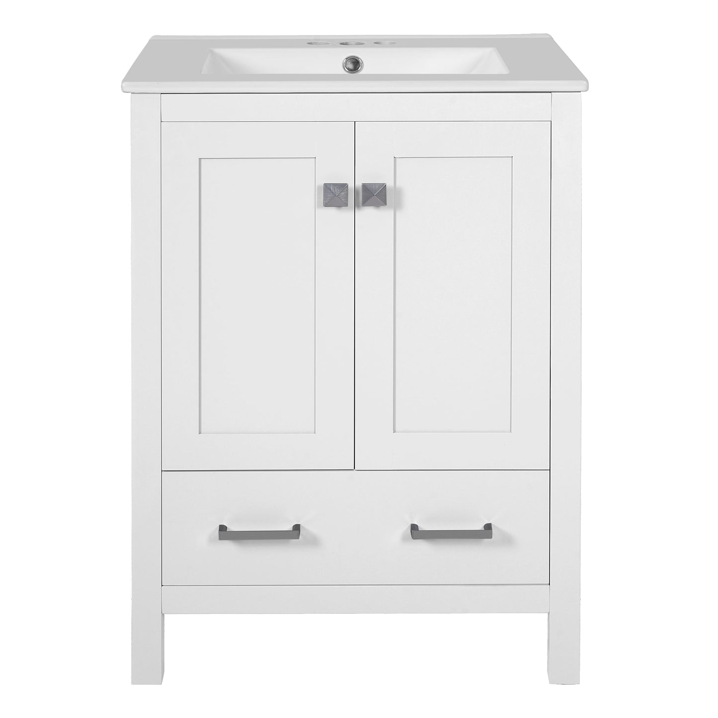 Vynxaria 24 Inch White Bathroom Vanity Integrated Undermount Ceramic Sink 2 Soft Close Doors Double Layer Shelves 1 Divider Drawer