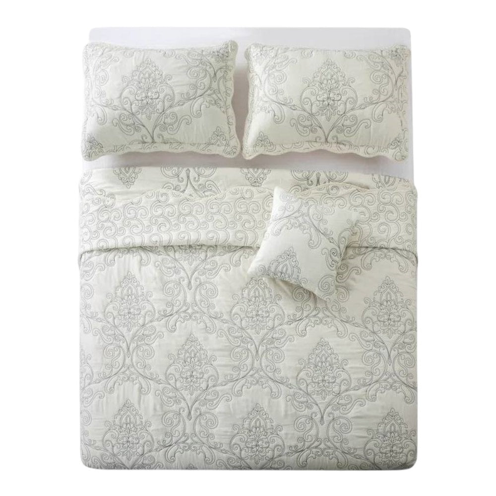 Slickblue Antique White Damask Embroidered 4-Piece Queen Bedspread Set – Ultra-Soft Polyester Fade and Wrinkle Resistant - Perfect for Master Bedroom