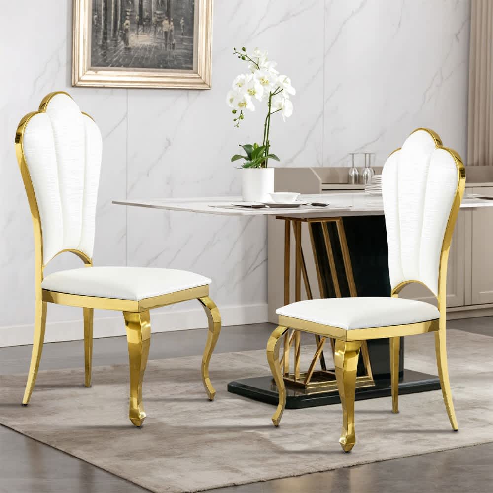 Coolbibila Modern White PU Leather Dining Chairs Set of 2 Upholstered Chairs with Gold Metal Legs for Kitchen