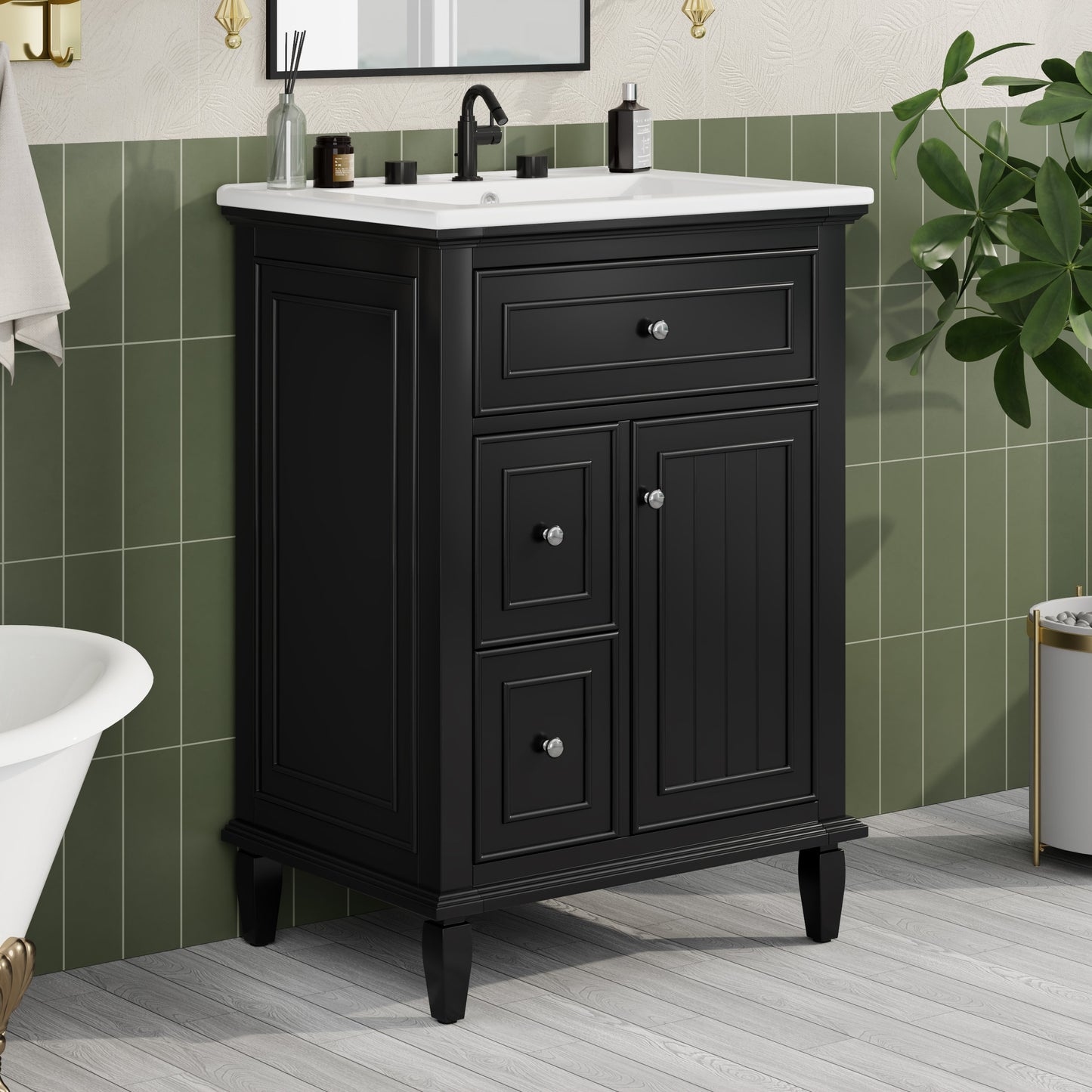 GDFStudio 24 Inches Wood Bathroom Vanity Cabinet with Sink with 1 Flip Drawer and 2 Drawers and Adjustable Shelf Black