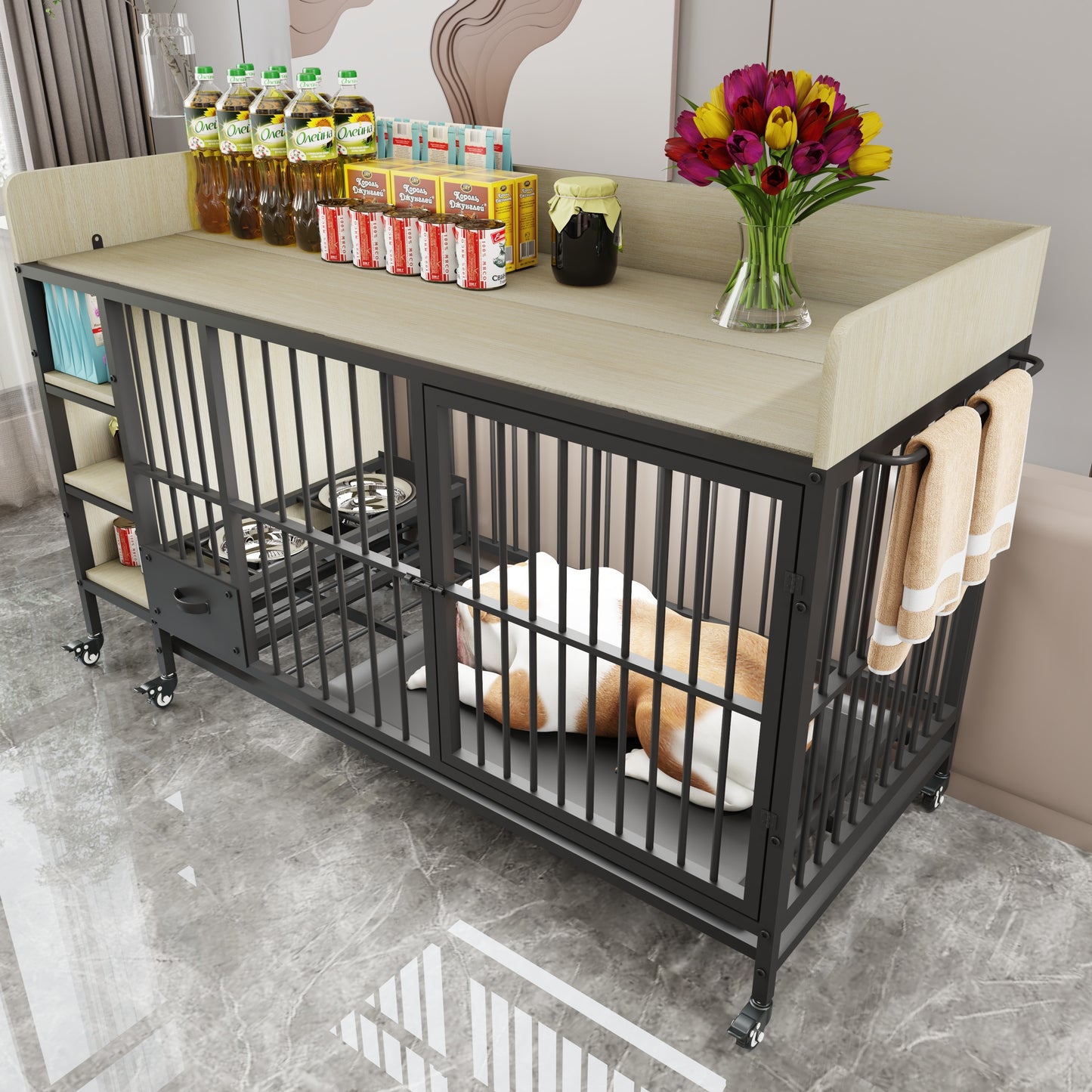 Tatayosi Large pet cage with storage rack drawers with stainless steel food and water basin made of iron frame and MDF material sturdy exquisite and practical black beige