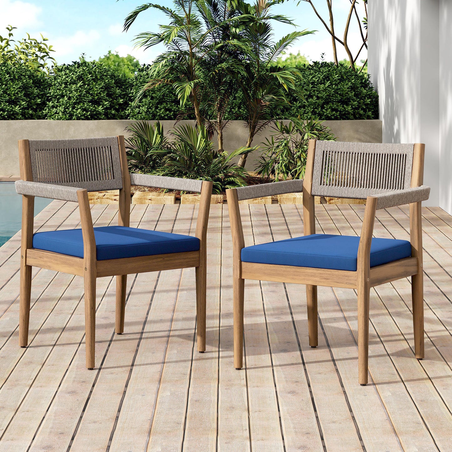 JANSNO Patio chair Set of 2 Brown Wood Frame Stationary Bar Stool Chair with Blue Cushioned Seat