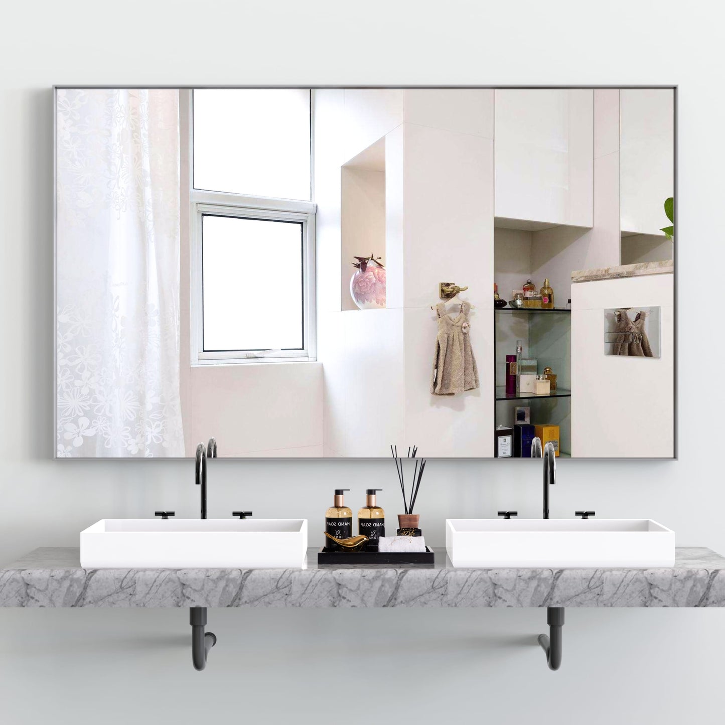 Poinic Bathroom Mirror with Removable Tray 60-in W x 36-in H Rectangle Silver Framed Vanity Mirror