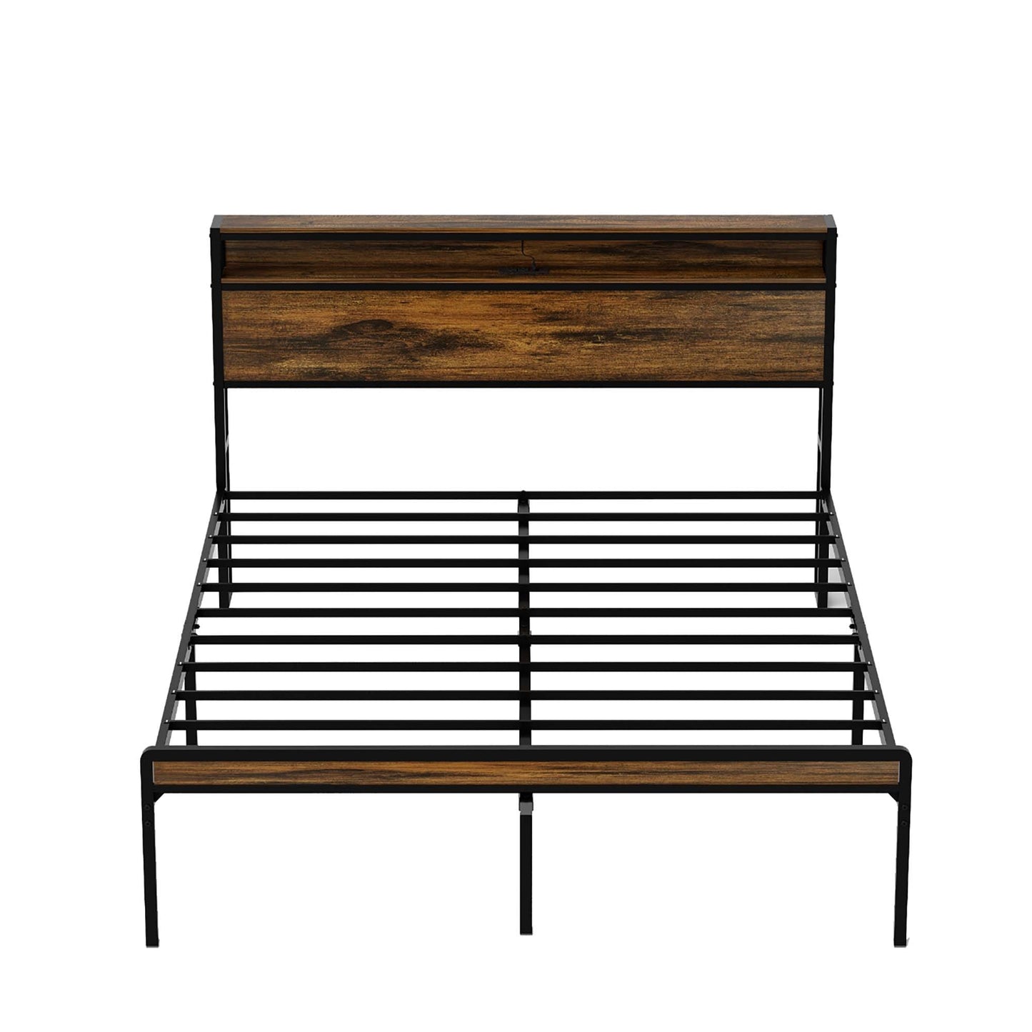 JJJ Queen Antique Brown Metal Bed Frame Storage with Headboard