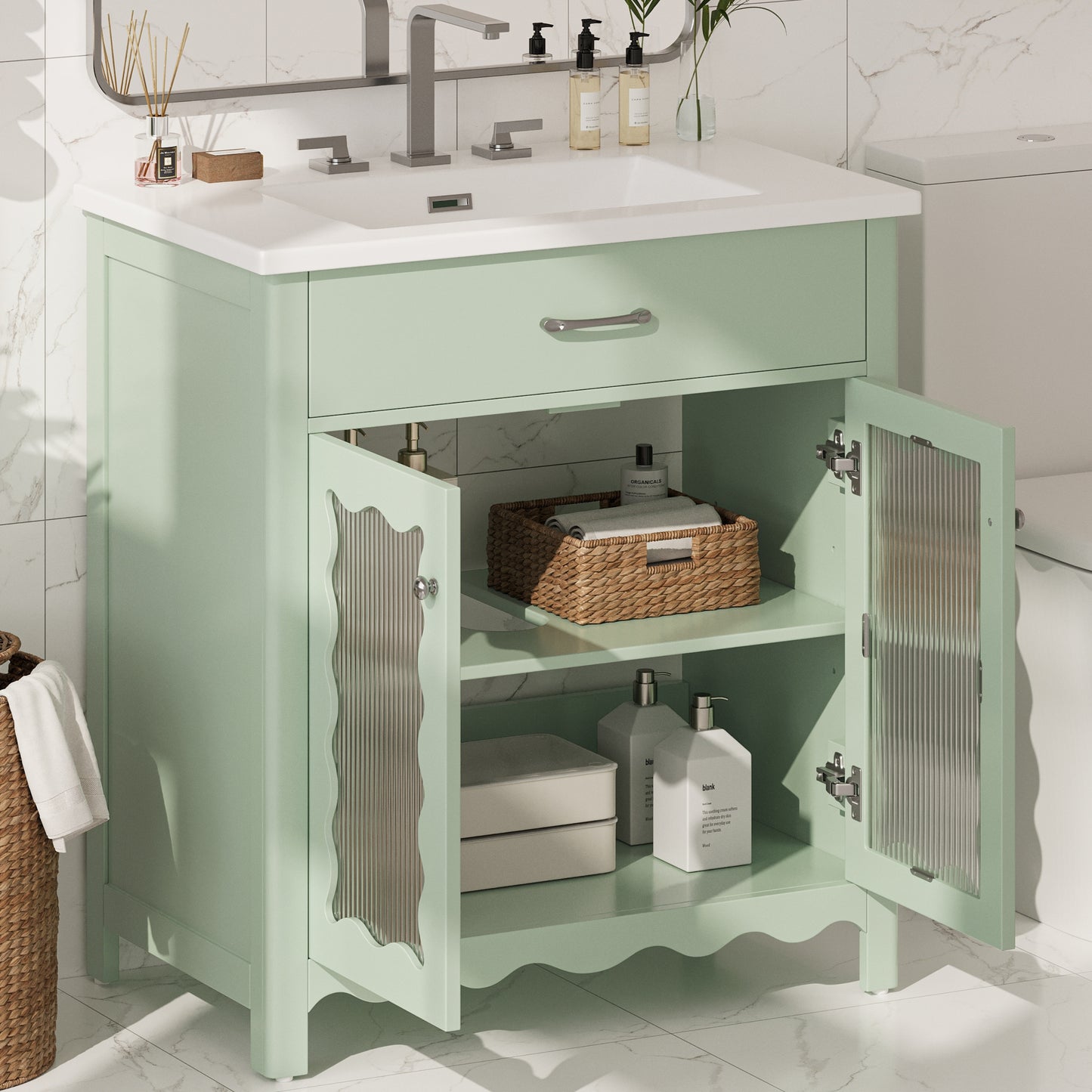Aortzio Unassembled 31-in Green Undermount Single Sink Bathroom Vanity with Green Ceramic Top