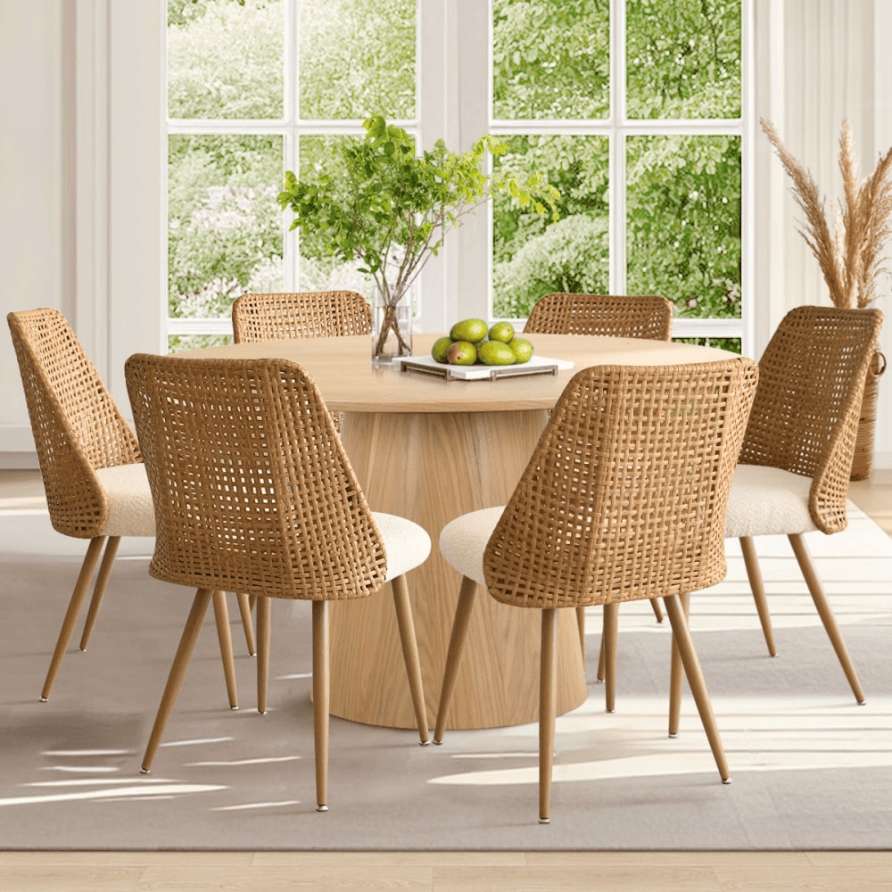Maison Boucle Set of 6 Faux Rattan Dining Chairs with Beige Upholstered Seat and Metal Legs for Breakfast Nook