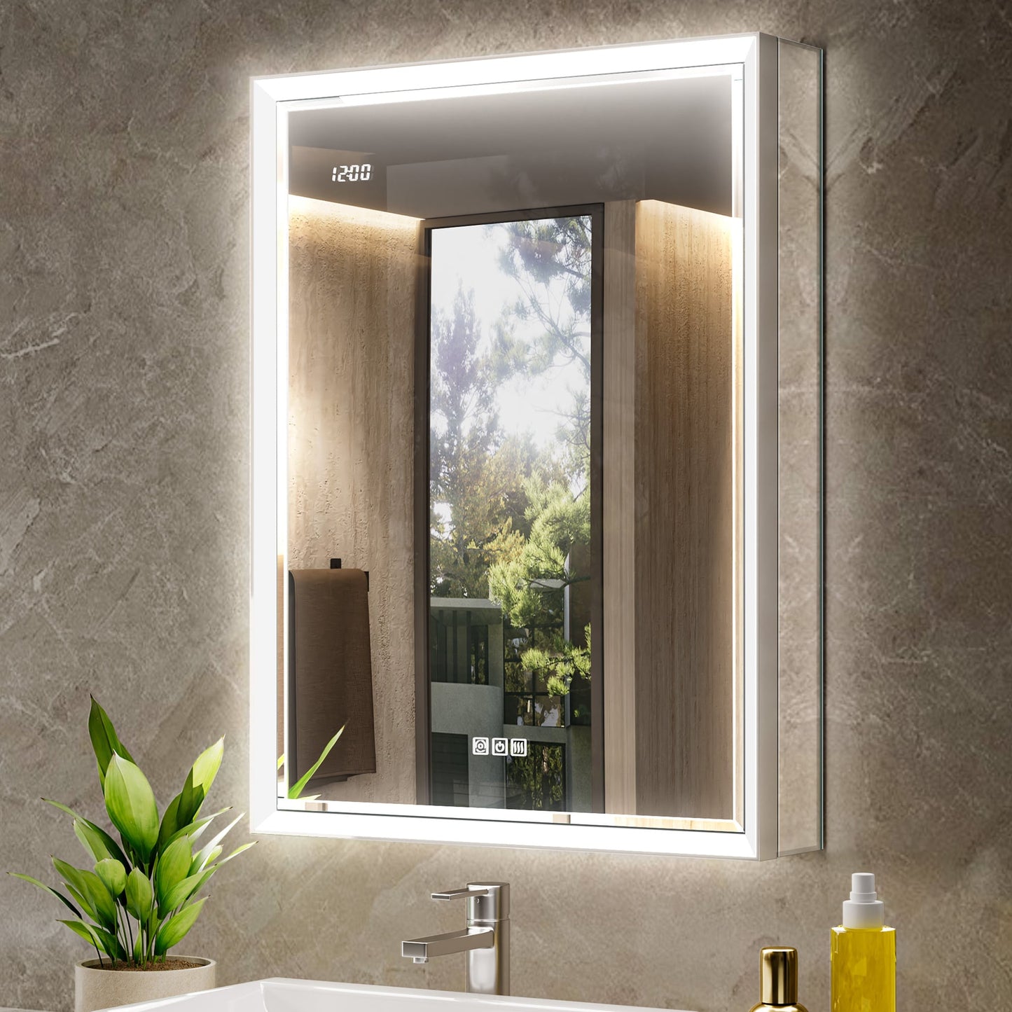 QueenFun Anglora 24-in x 32-in Lighted LED Fog Free Surface/Recessed Mount Silver Mirrored Rectangle Soft Close Medicine Cabinet