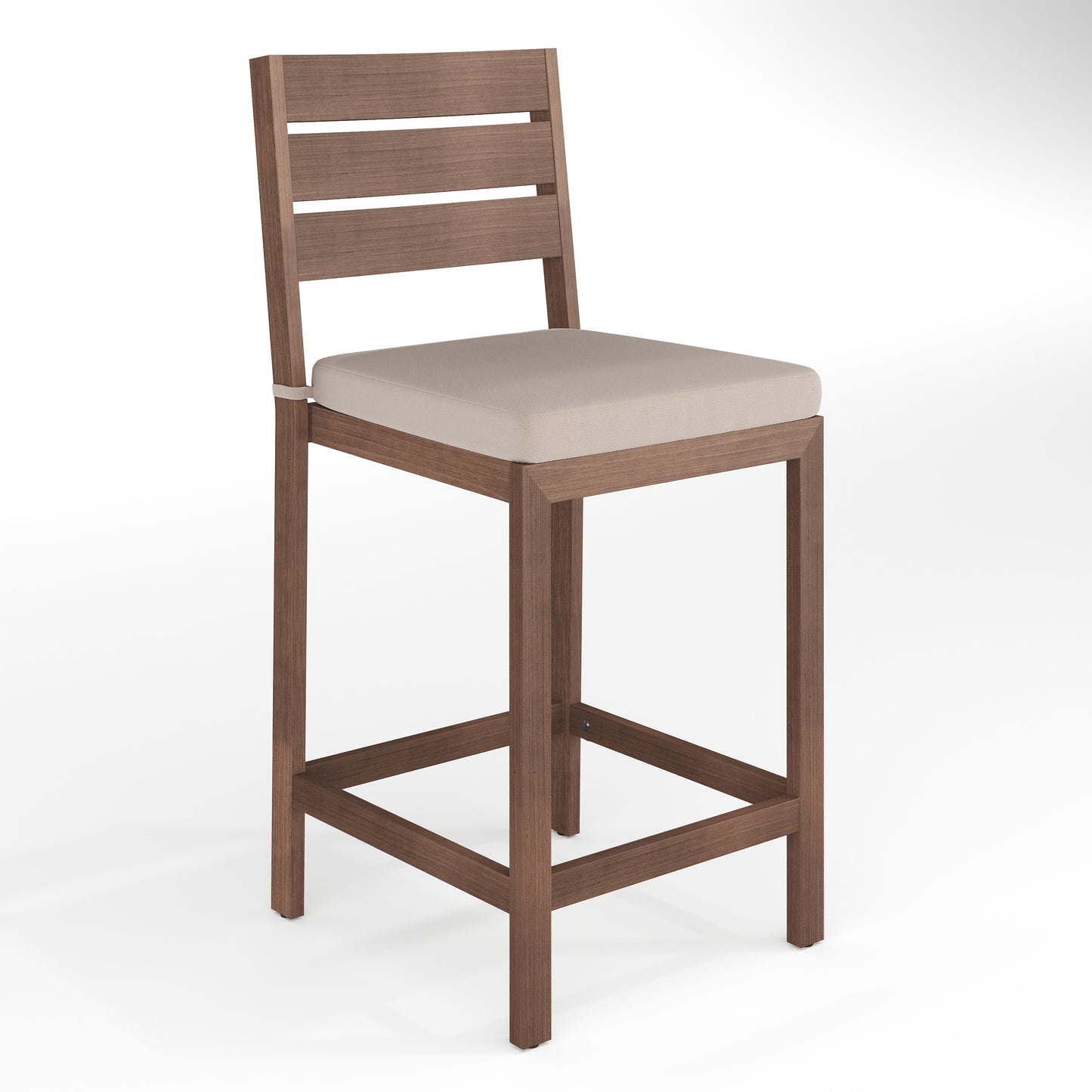 Martha Stewart Bedford Set of 2 Indoor-Outdoor Patio Bar Stools with Brown Brushed Woodgrain Aluminum Finish and Cream All-Weather Seat Cushions