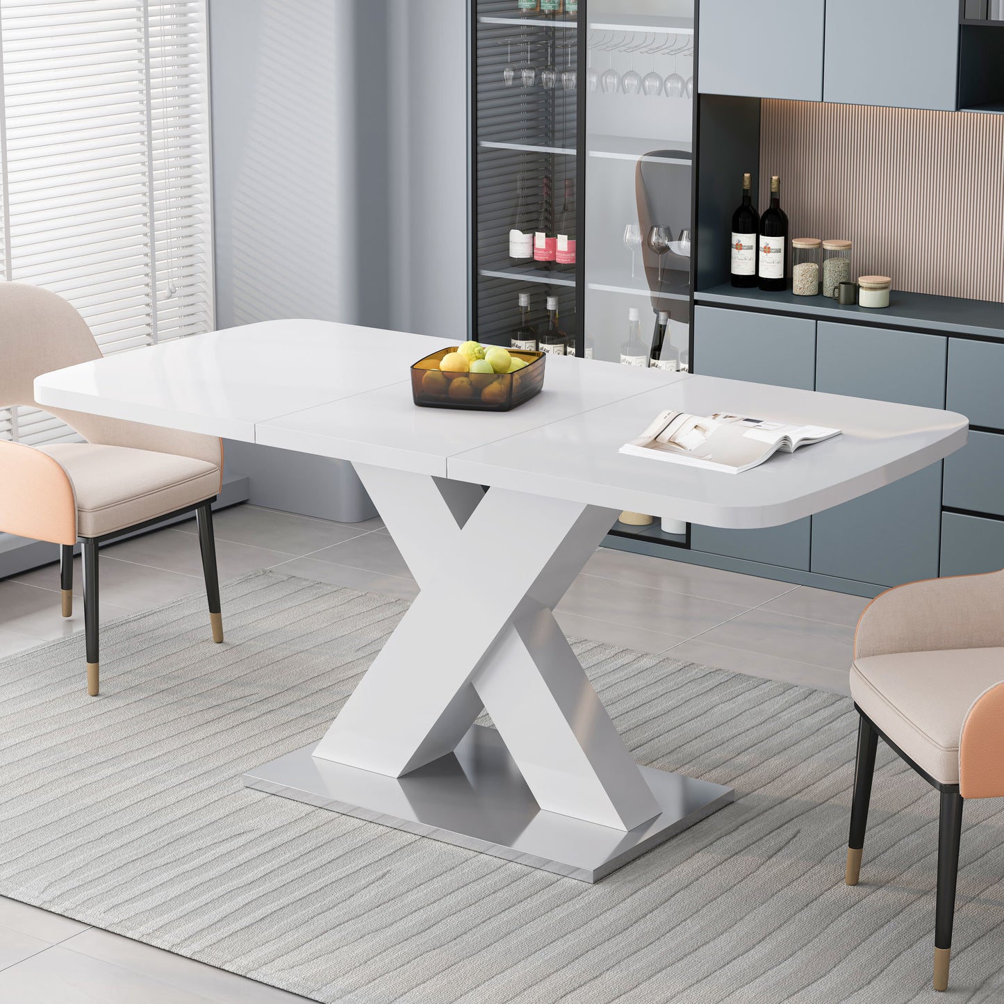 LOVMOR Modern Square Stretchable Dining Table White Top MDF Legs Metal Base