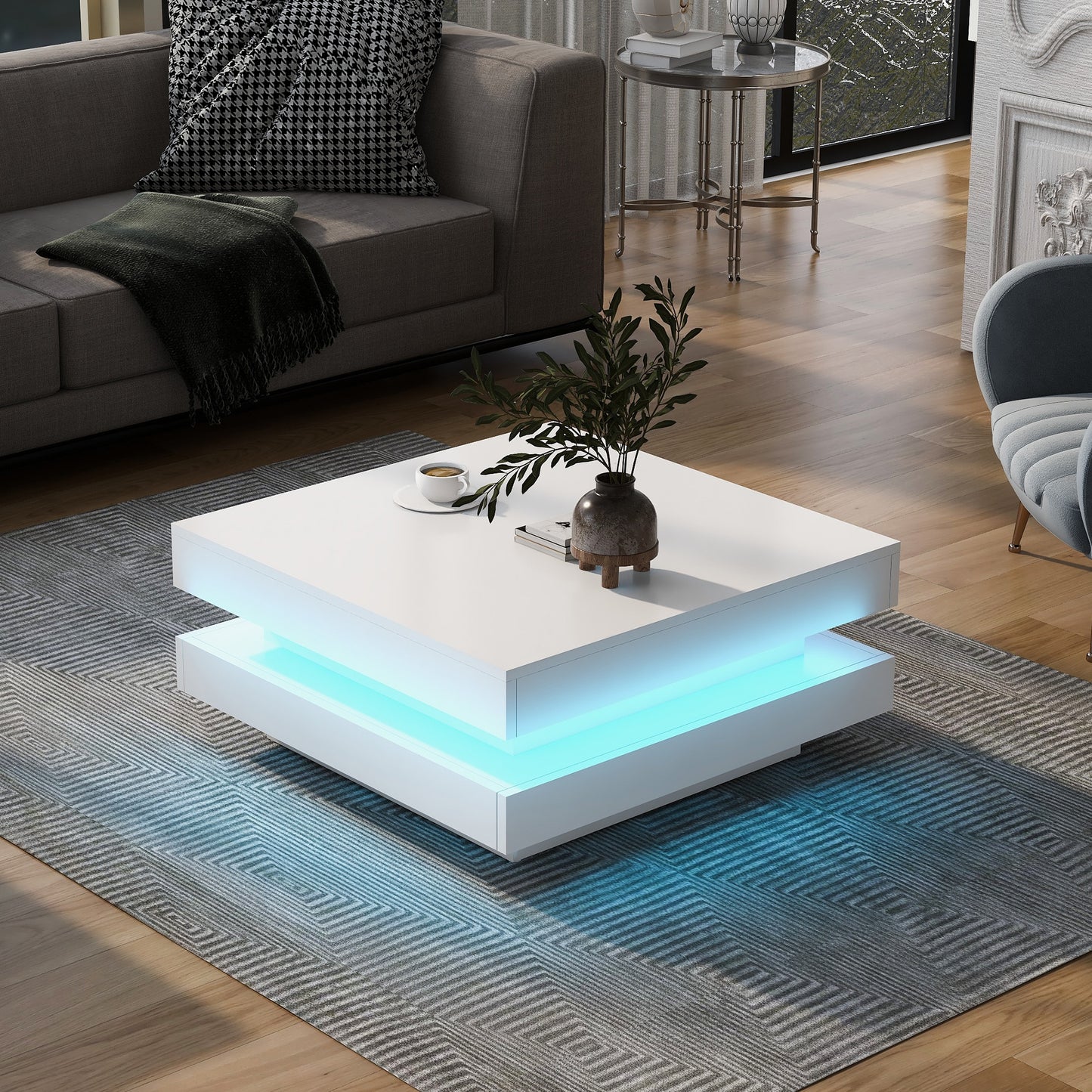 Tatayosi ON-TREND High Gloss Minimalist Design with LED Lights 2 Tier Square Coffee Table Center Table for Living Room White