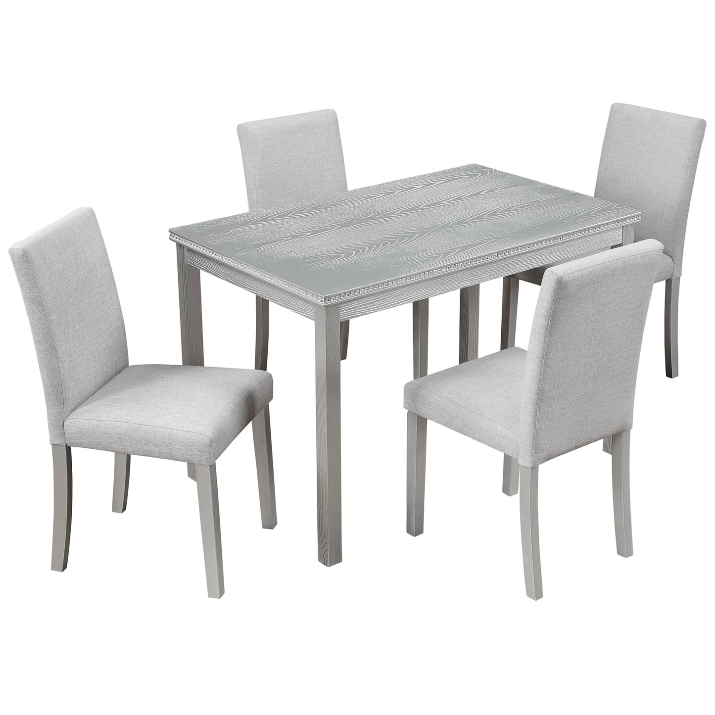 Vynxaria 5 Piece Wooden Dining Table Set Rectangular Table with 4 Upholstered Chairs Crystal Decoration for Kitchen Dining Room Silver Grey 330lbs Capacity