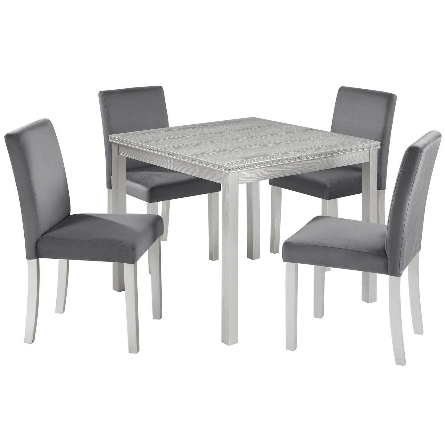 Vynxaria 5 Piece Wooden Dining Table Set Square Table with 4 Upholstered Chairs Crystal Decoration for Kitchen Dining Room Silver Grey 330lbs Capacity