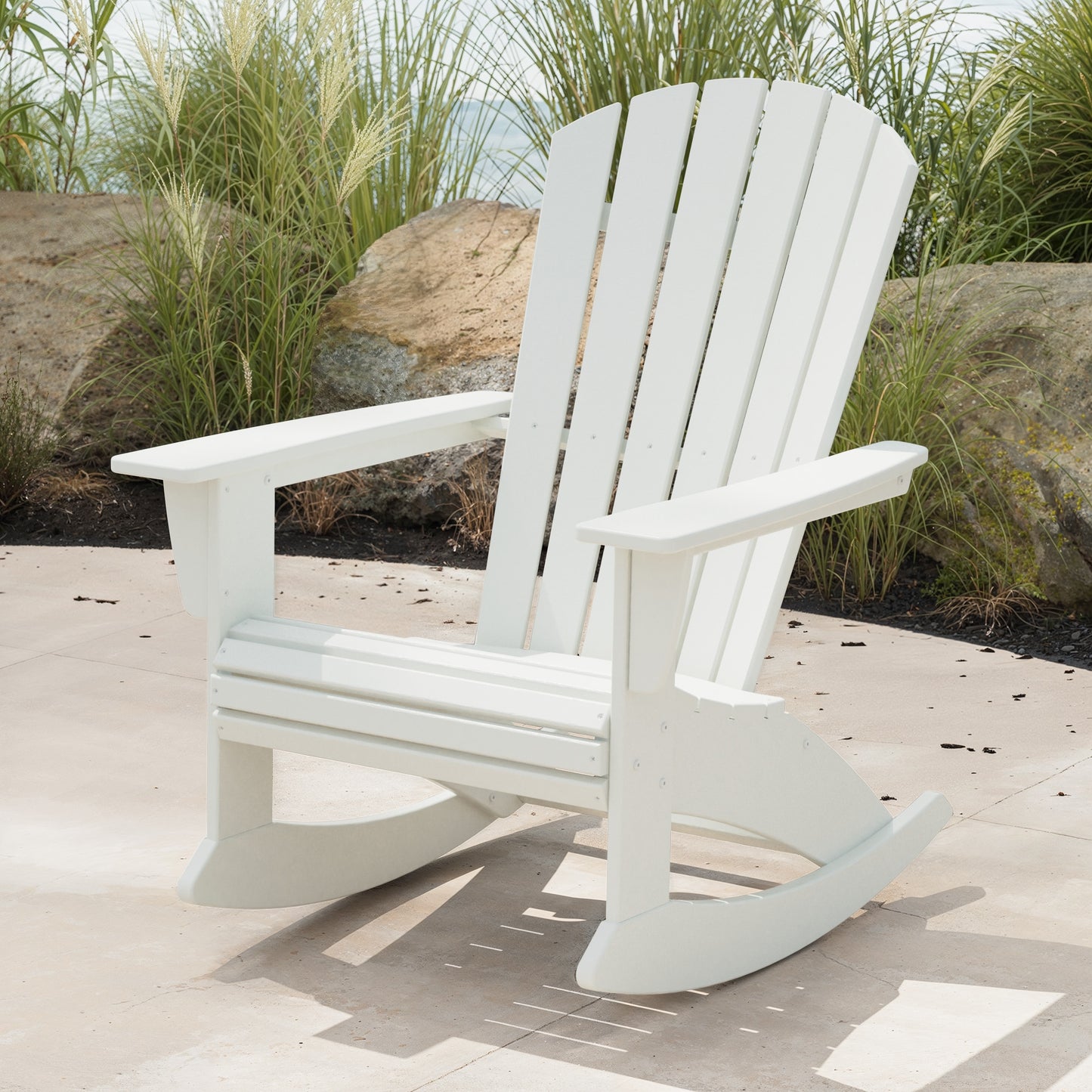 POLYWOOD Nautical White Plastic Frame Rocking Chair with Slat Seat