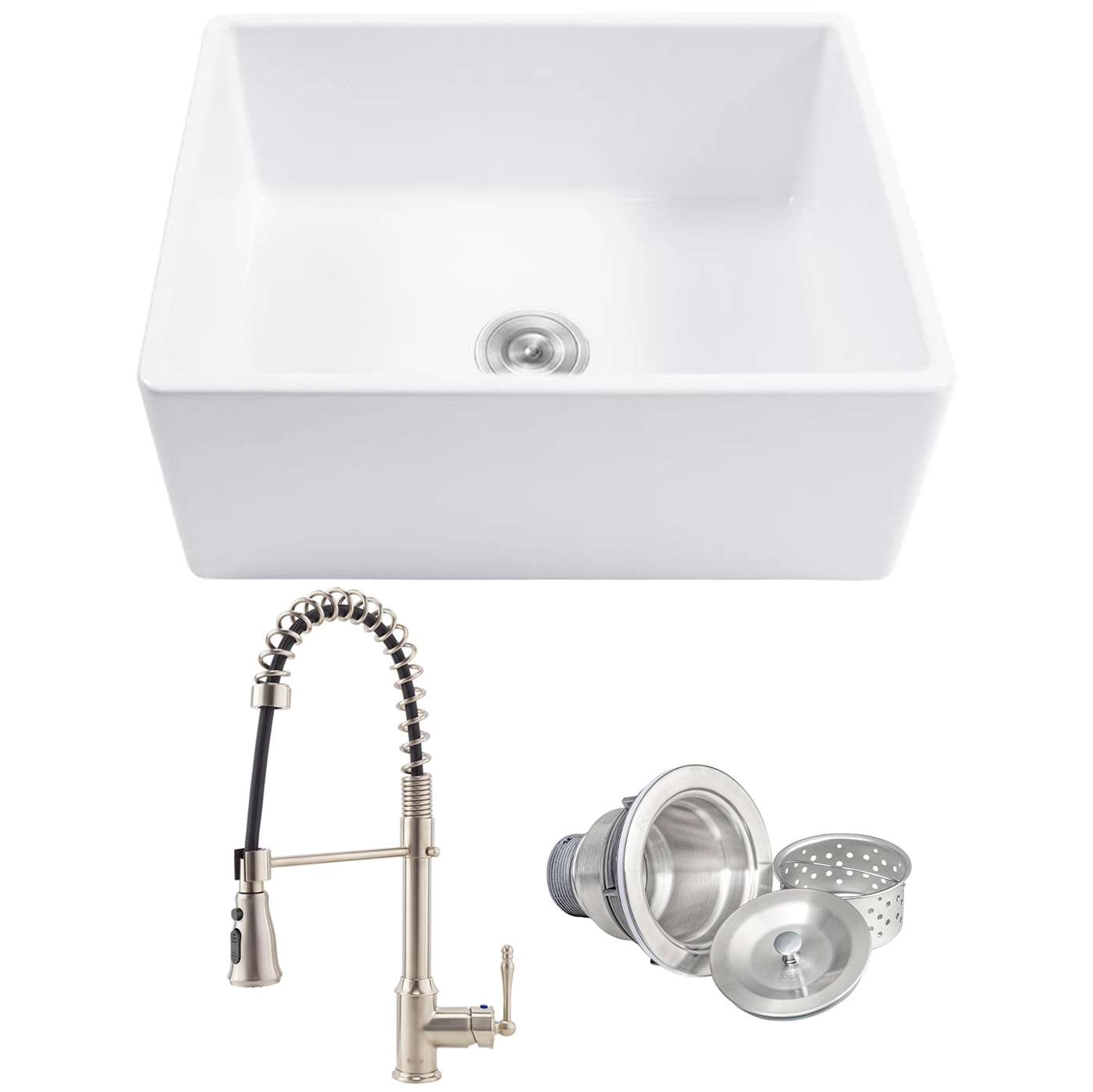AKDY Fireclay Sink Farmhouse apron front 24-in x 20-in Fireclay Single bowl Kitchen Sink All-in-One Kit