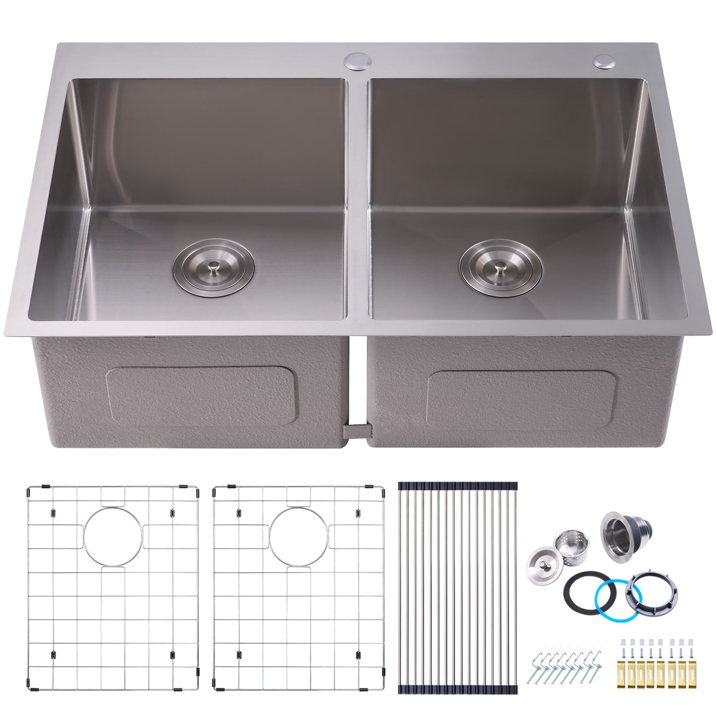 Hukoro TM Drop-in or undermount 33-in x 22-in Stainless steel Double equal bowl 16 -Gauge Workstation Kitchen Sink