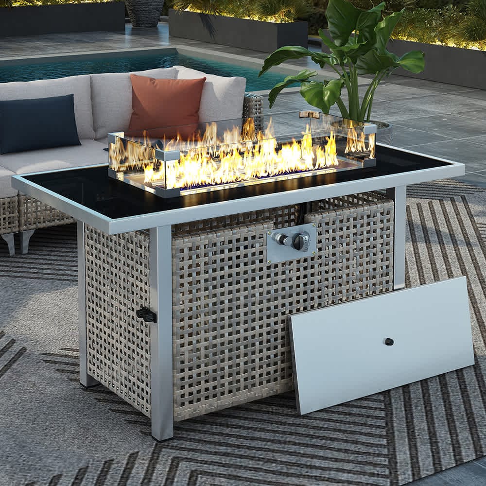 JUJABU Grey 43in Propane Gas Fire Pit Table 60000 BTU Rectangular with Glass Wind Guard for Outside