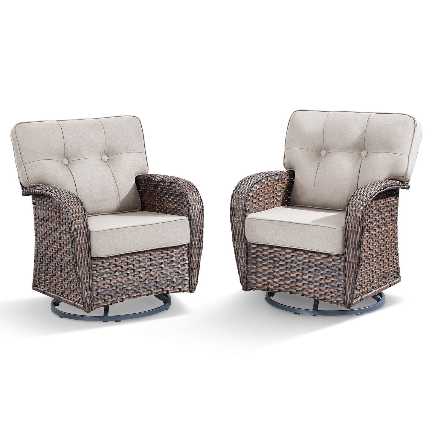 Rilyson Set of 2 Rattan Brown Stainless steel Frame Swivel glider Conversation Chair with Beige Cushioned Seat