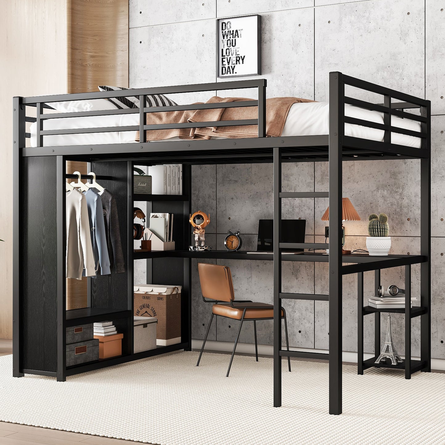 GDFStudio Minimal Queen Size Metal Loft Bed Frame with Built-in Wardrobe and Storage Shelves Black