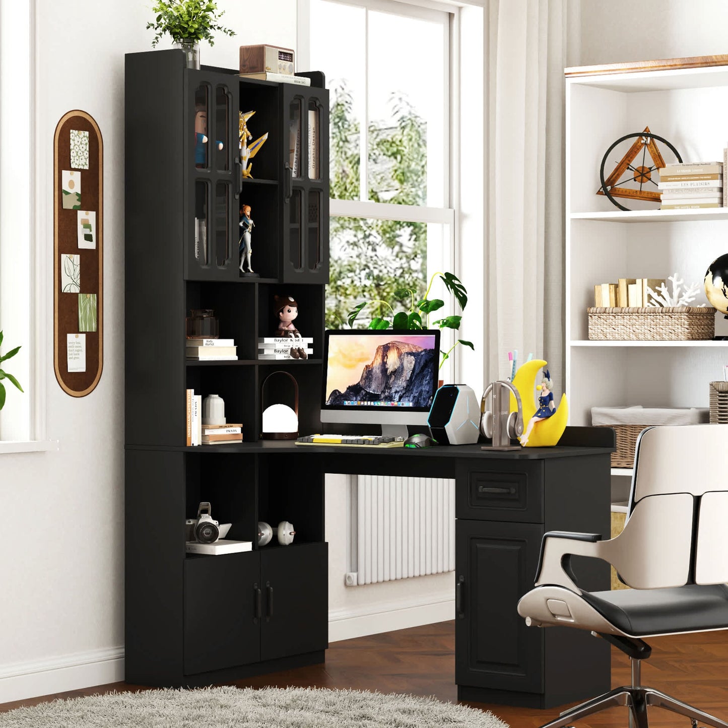 Vynxaria L Shaped Corner Computer Desk Black Home Office Study Desk with Drawers Bookshelf Hutch 2 in 1 Design Large Space 15mm Particle Board