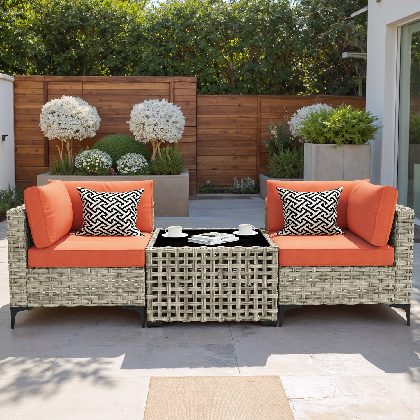 Caodoc SKT Rattan Outdoor Sectional with Orange Cushions and Wicker Frame