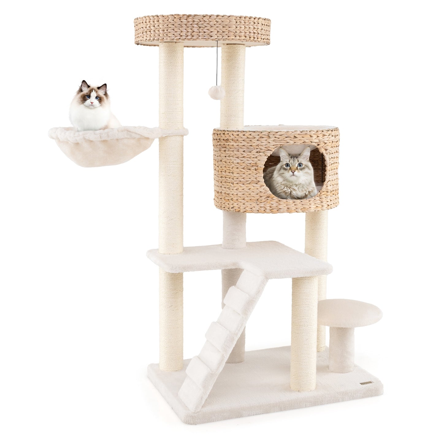Slickblue Cat Play Center Tower - 50x28 White and Natural Cattail Fluff Cat Tree – Multi-Level Structure Hanging Basket for Indoor Use