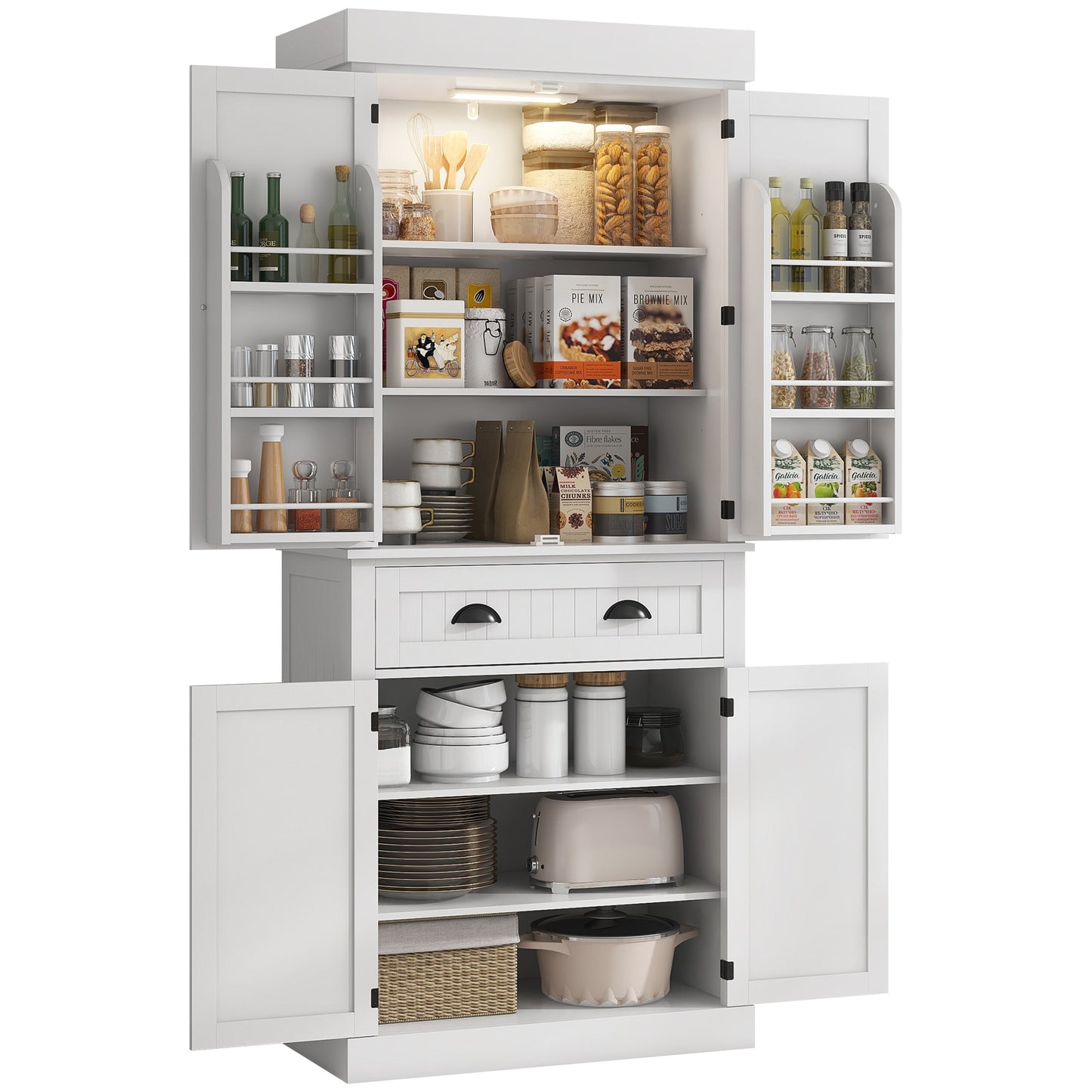 Tatayosi 71-in Kitchen Pantry Cabinet with Motion Sensor Light Tall Storage Cabinet with 6 Door Shelves a Drawer and 4 Adjustable Shelves for Living Room Dining Room White