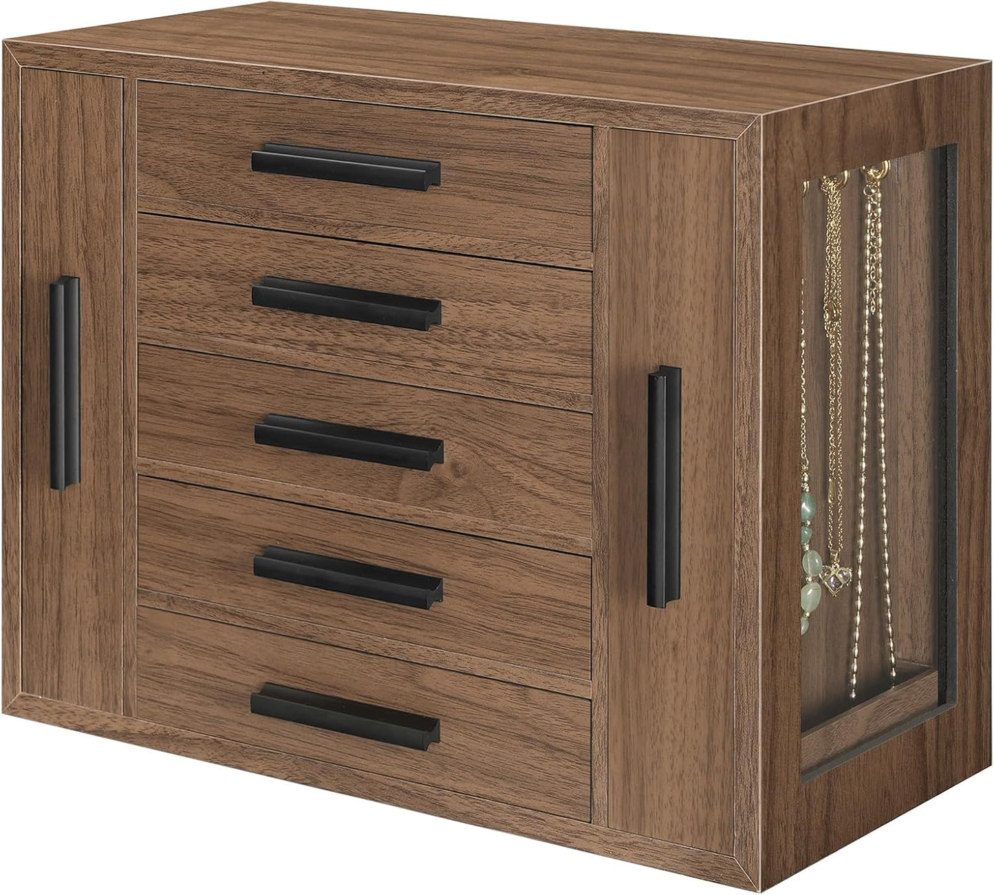 Hoobro 5 Tier Jewelry Box Wooden Jewelry Organizer with Transparent Windows Jewelry Storage Box with 2 Vertical Drawers for Earring Necklace Bracelet Ring Watch Walnut and Black