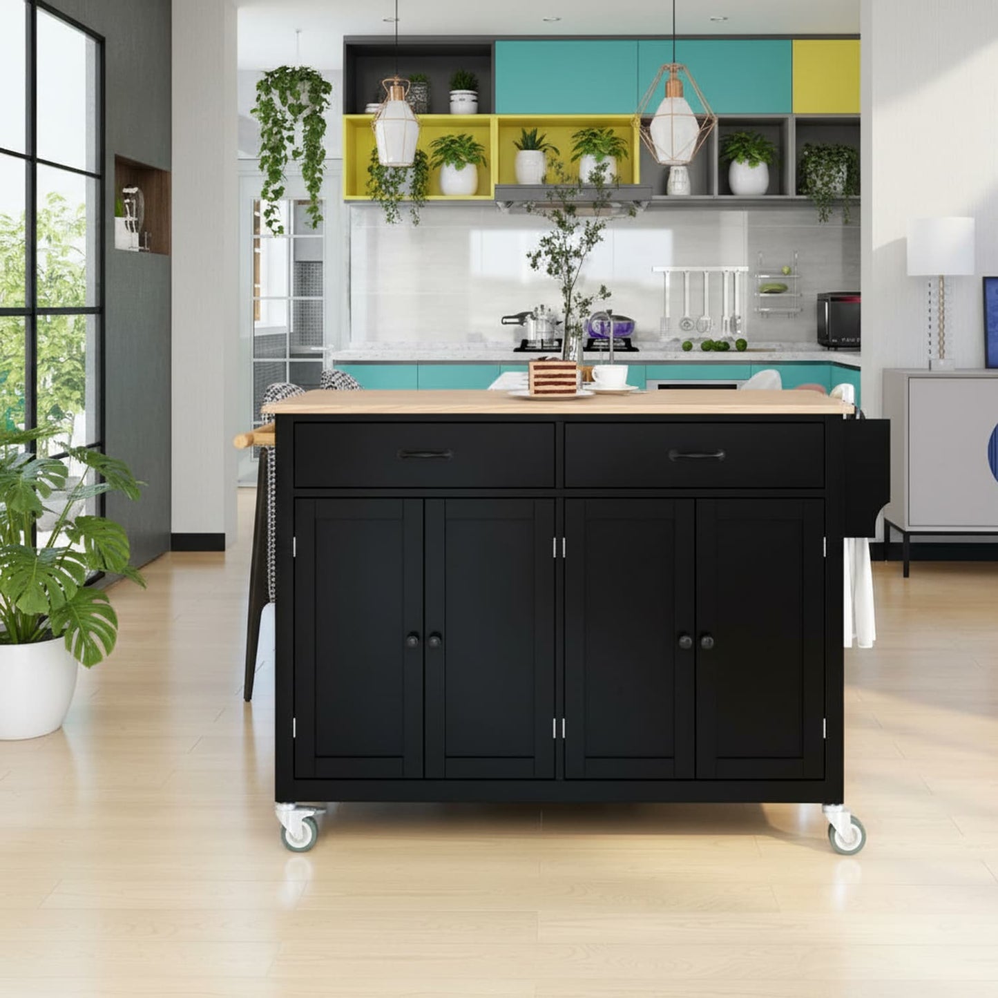 Homy Casa Kitchen Island Cart with Solid Wood Top and Locking Wheels 54.3 Inch Width 4 Door Cabinet and Two Drawers Spice Rack Towel Rack Black