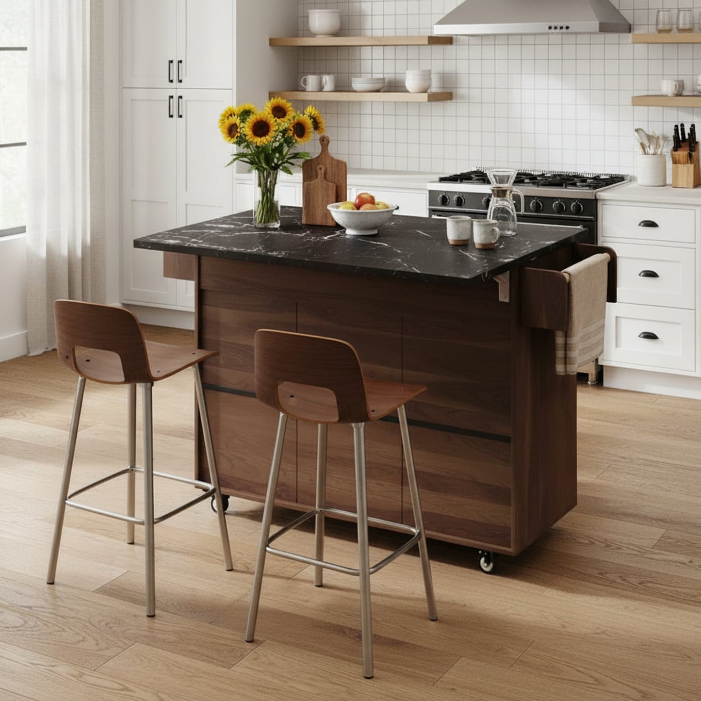 Homy Casa Walnut Brown Kitchen Island with Storage Drop Leaf Rolling Cart with Shelf