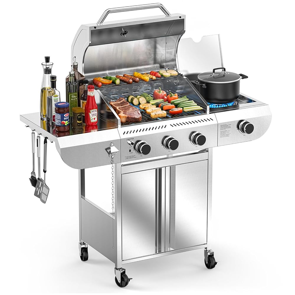 R.W.FLAME Silver 3 -Burner Liquid Propane Gas Grill