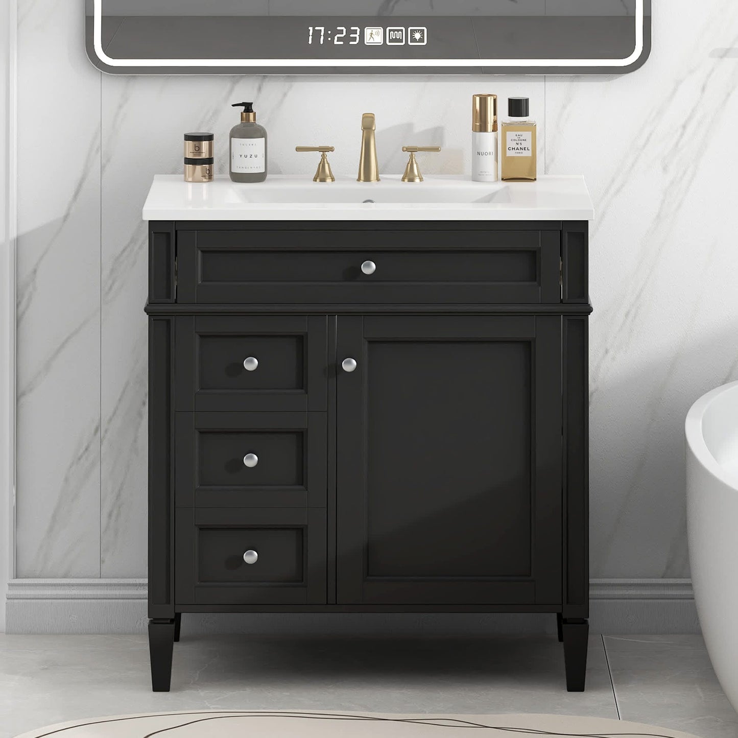 Vynxaria 30inch Bathroom Vanity With Top Sink 2 Drawers 1 Tip out Drawer Cabinet Door Organizer Modern Storage Cabinet Single Sink Black