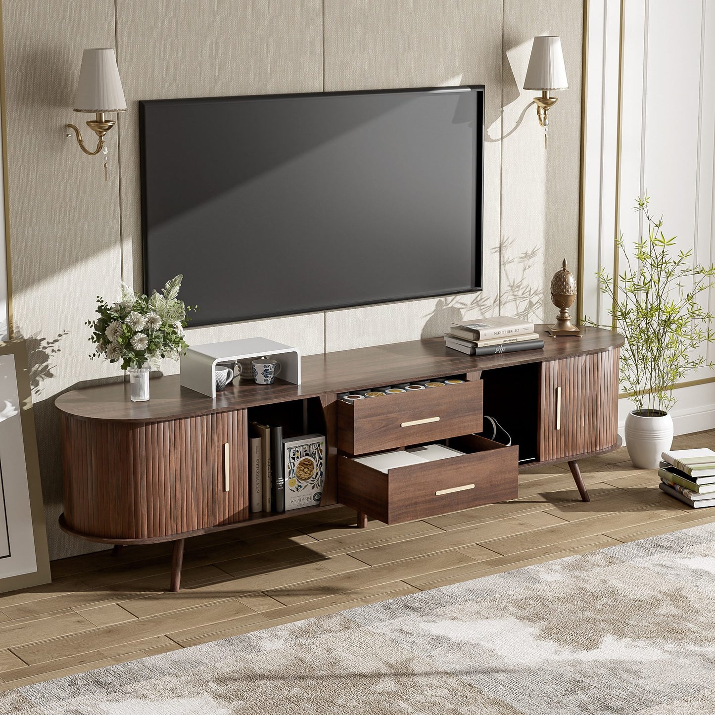 Dexmalle Modern Dark Brown TV Stand for 80Inch TV with 2 Drawers