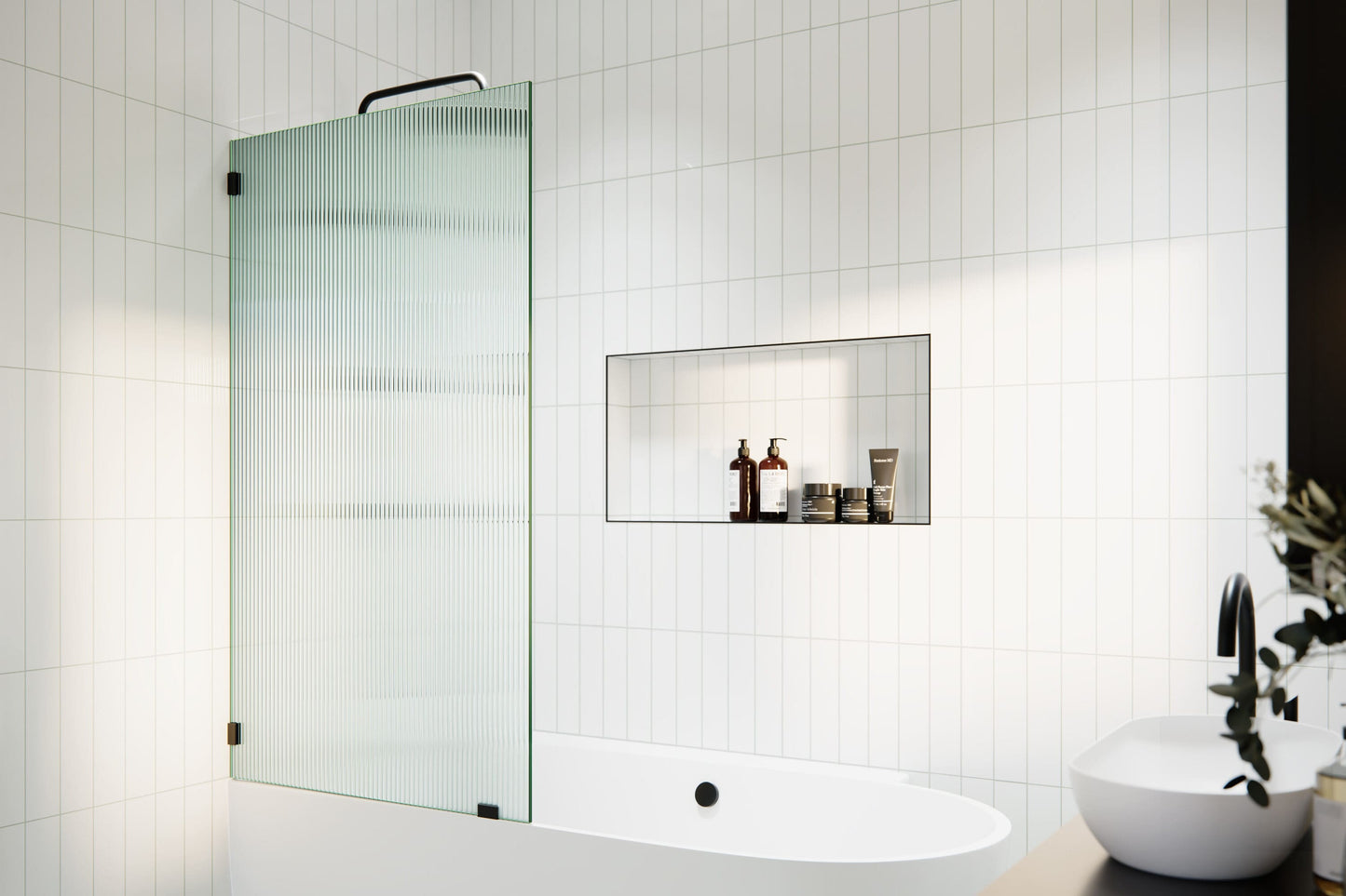 Glass Warehouse Gaia Matte Black 34-in W x 58.25-in H Frameless Fluted Glass Fixed Bathtub door