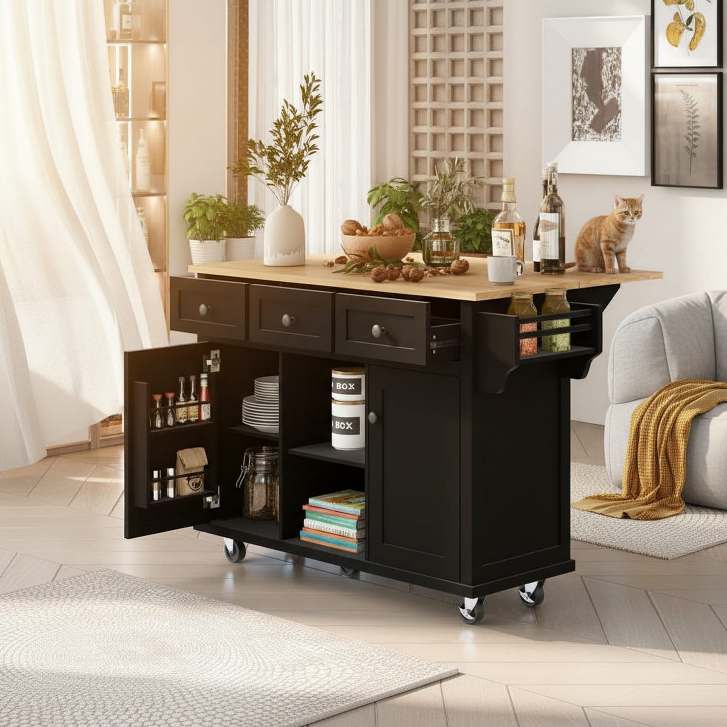 Homy Casa Kitchen Cart with Rubber Wood Drop Leaf Countertop and 3 Drawers on 5 Wheels for Dining Room Black