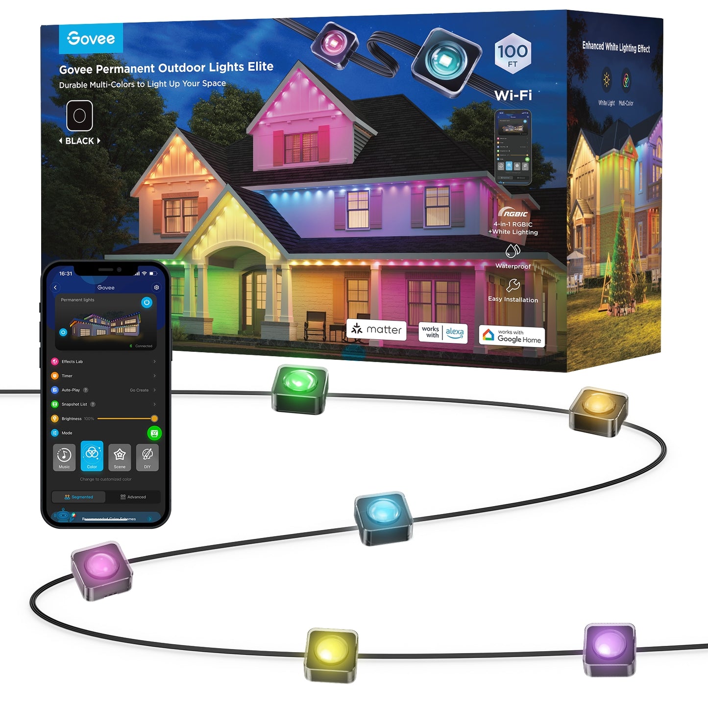 Govee 100-ft Plug-in Black Indoor/Outdoor String Light with Color changing -Light LED Mini Bulbs Bluetooth Compatibility Wi-Fi Compatibility