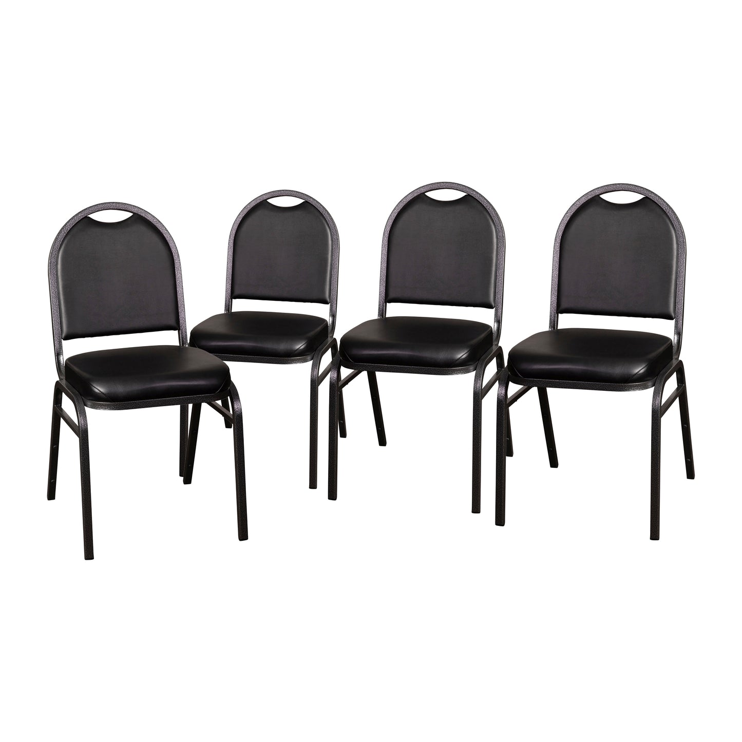 Emma + Oliver Dymoke Set of Four Versatile Dome Back Stacking Banquet Chair with Black Vinyl Seat and Back and Silver Vein Frame