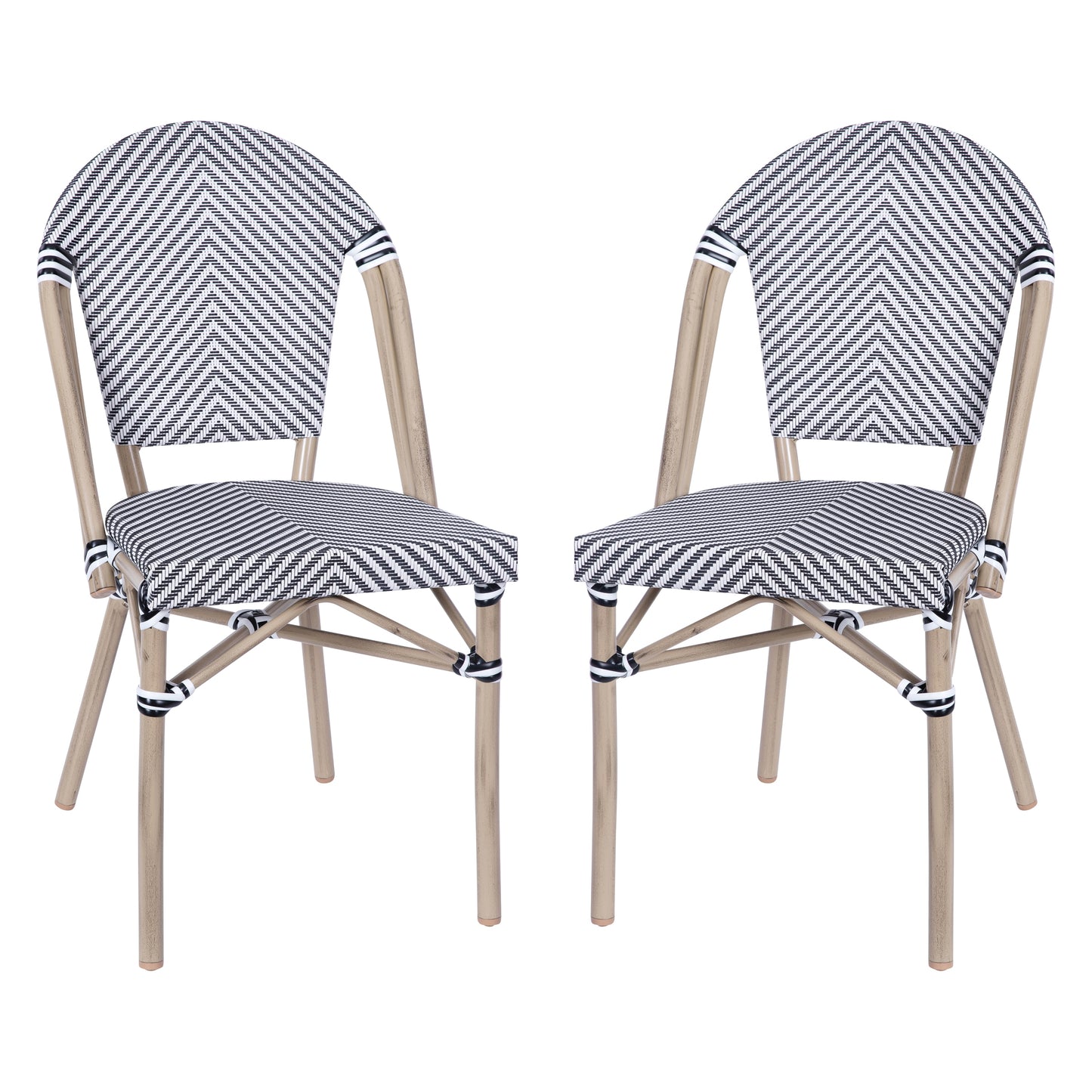 Flash Furniture Marseille Set of 2 Indoor/Outdoor Commercial Bistro Stacking Chair; Black Textilene Back and Seat; Bamboo Print Aluminum Frame in Light Natural