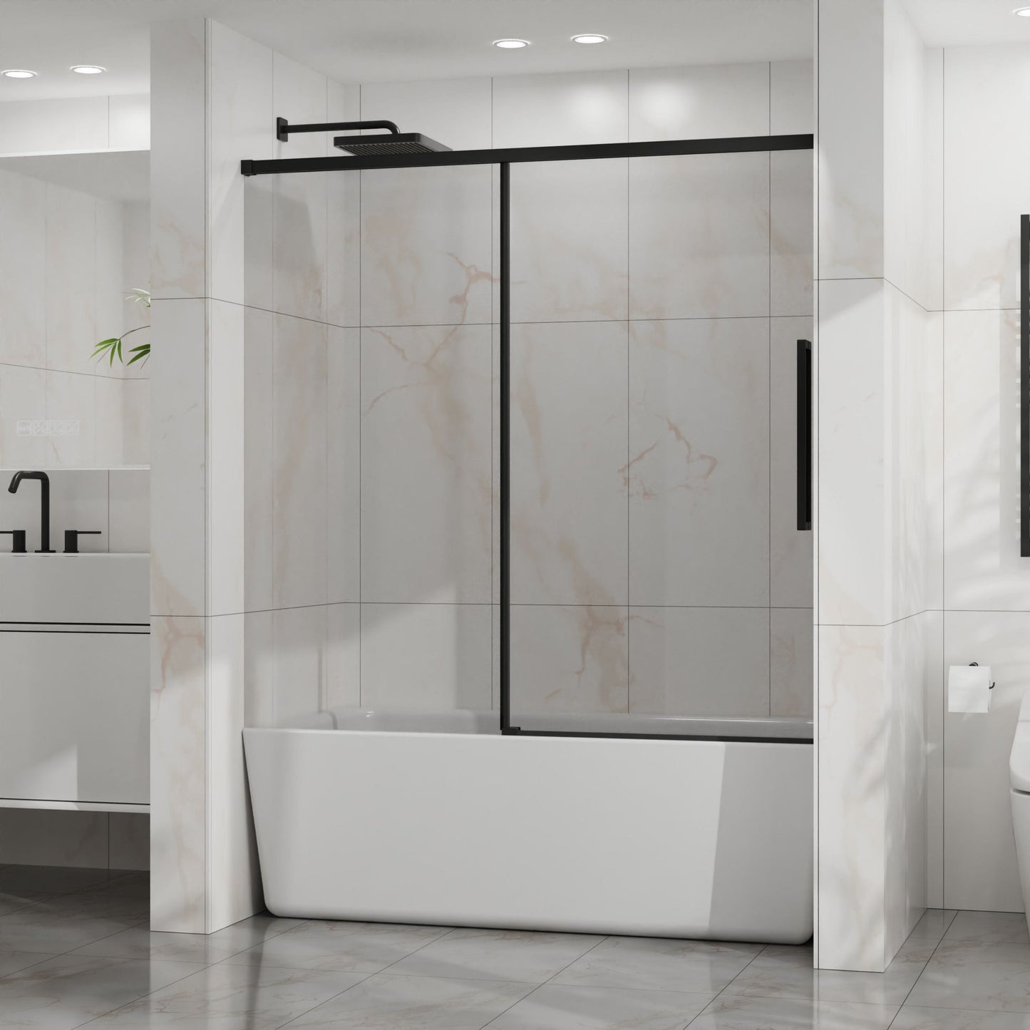 LIVIZA YZ Single Sliding Matte Black 56-in to 60-in W x 58-in H Semi-frameless Clear Glass Sliding Shower door