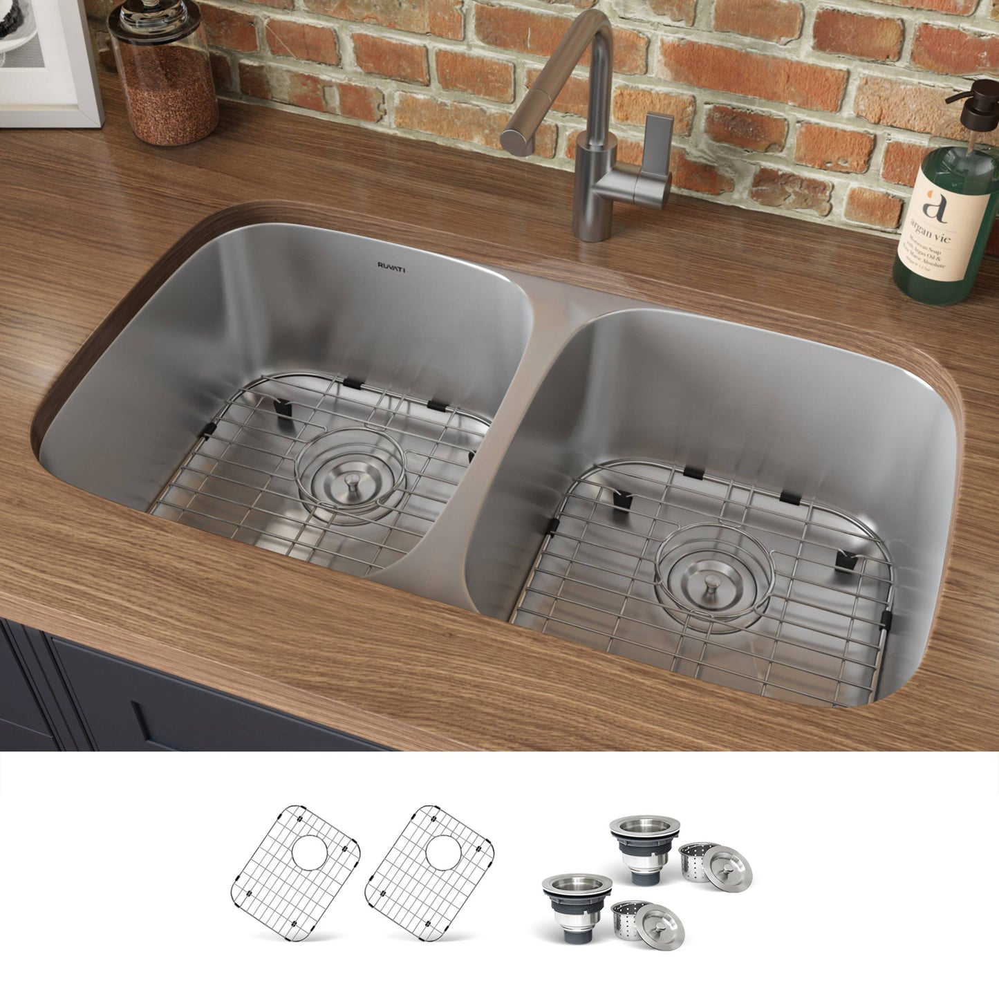Ruvati Parmi Undermount 32.25-in x 18.5-in Stainless steel Double equal bowl 16 -Gauge Kitchen Sink