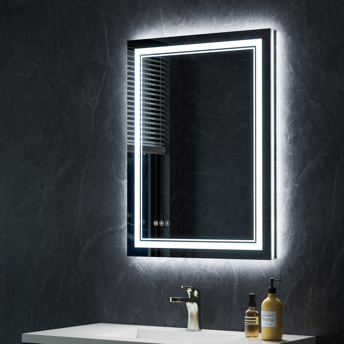 CALVON Rivelle LED Lighted Mirror 24-in x 32-in Polished Frameless Rectangle Dimmable LED Lighted Fog Free Bathroom Vanity Mirror ( Silver )