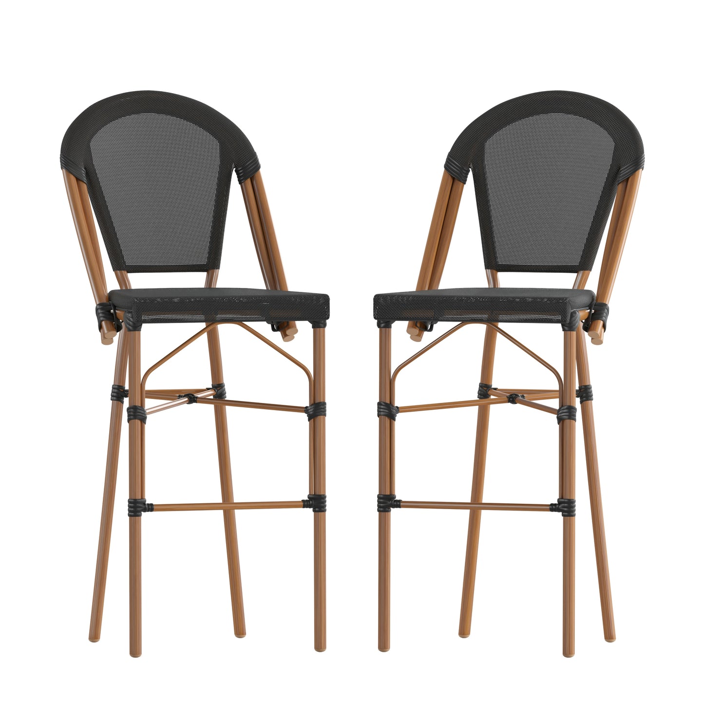 Flash Furniture Marseille Set of 2 Stackable Indoor/Outdoor Bistro 30-in High Barstools; Commercial Grade; Black and Bamboo Finish