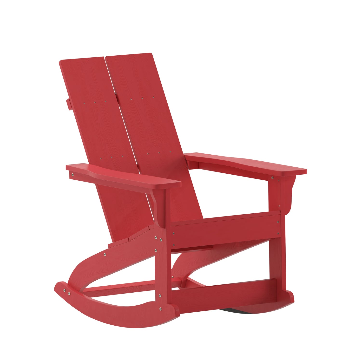 Flash Furniture Finn Modern Commercial Grade Poly Resin Wood Adirondack Rocking Chair - All Weather Red Polystyrene - Dual Slat Back - Stainless Steel Hardware